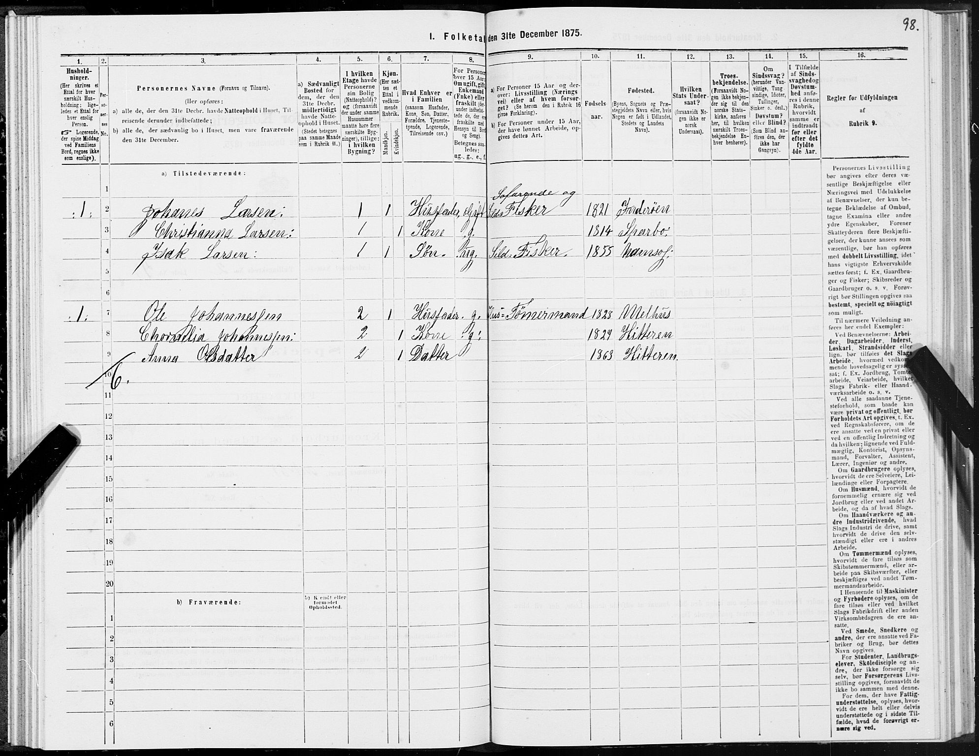 SAT, Folketelling 1875 for 1703B Namsos prestegjeld, Namsos ladested, 1875, s. 98