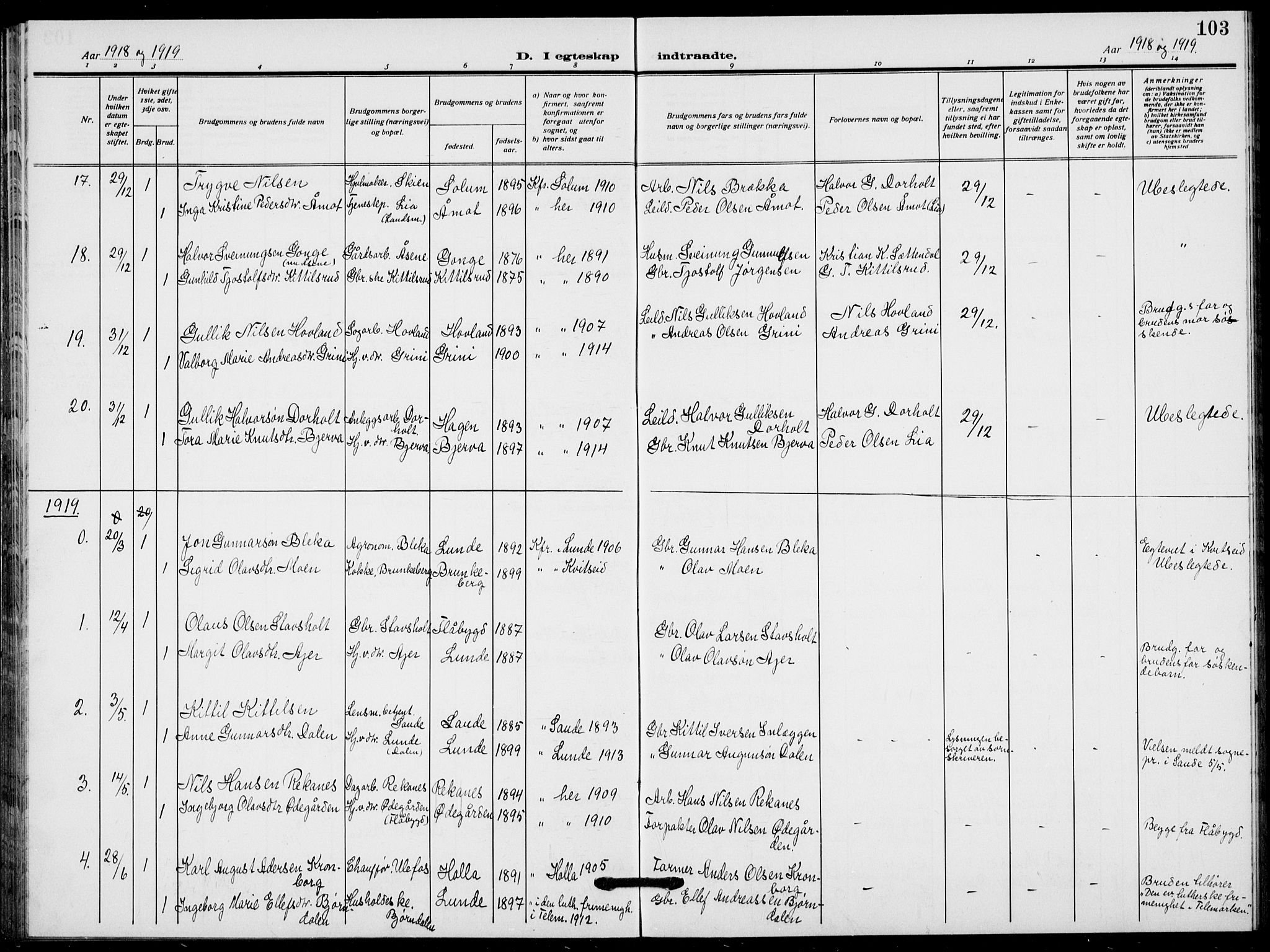 Lunde kirkebøker, AV/SAKO-A-282/F/Fa/L0005: Ministerialbok nr. I 5, 1914-1922, s. 103