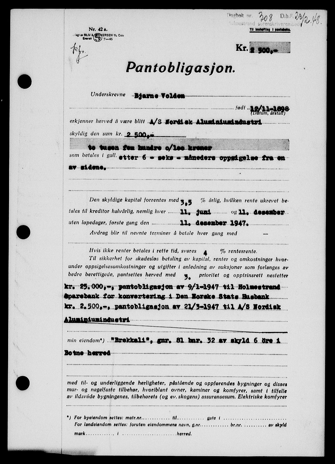 Holmestrand sorenskriveri, SAKO/A-67/G/Ga/Gab/L0058: Pantebok nr. B-58, 1947-1948, Dagboknr: 308/1948