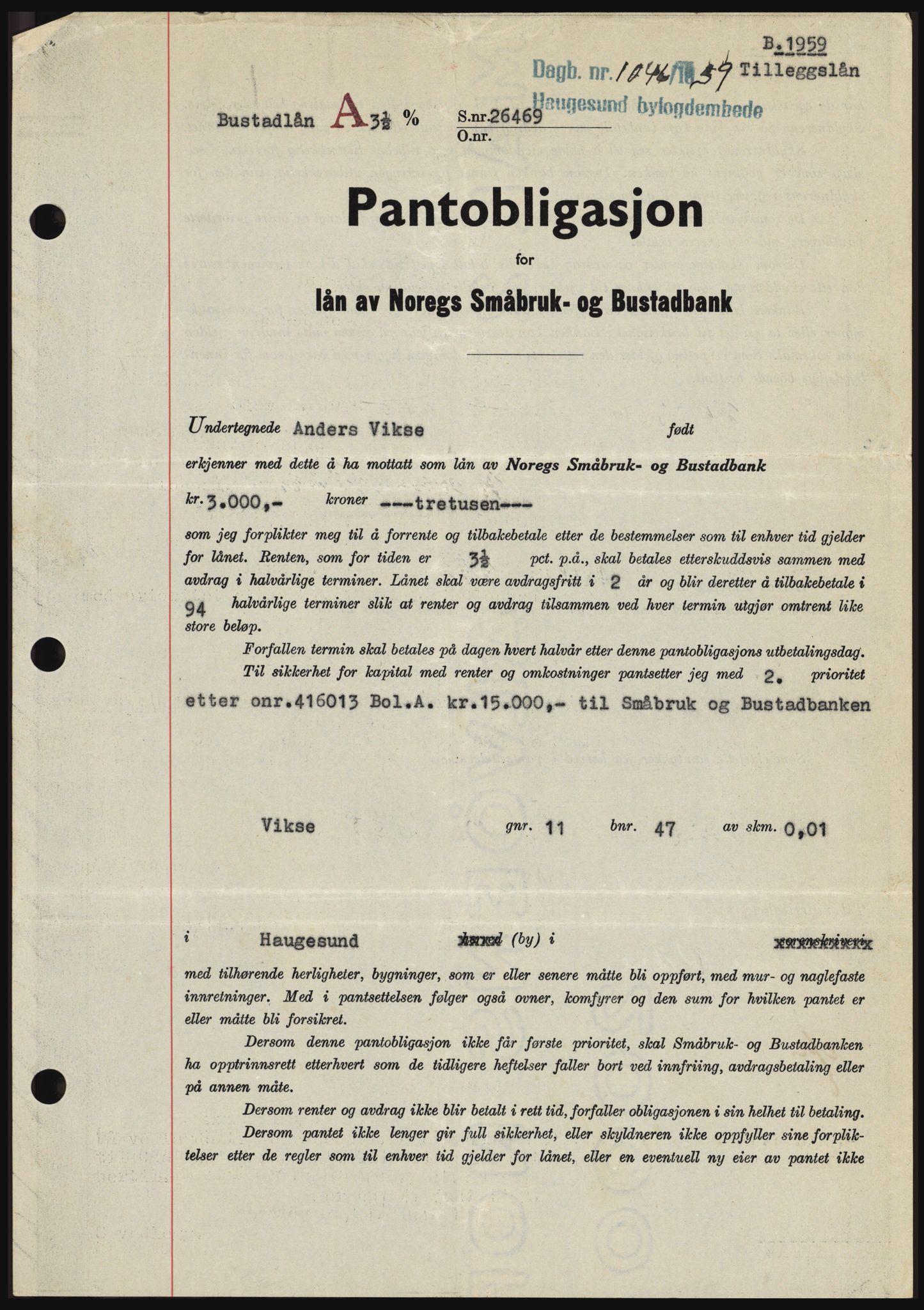 Haugesund tingrett, SAST/A-101415/01/II/IIC/L0045: Pantebok nr. B 45, 1959-1959, Dagboknr: 1046/1959