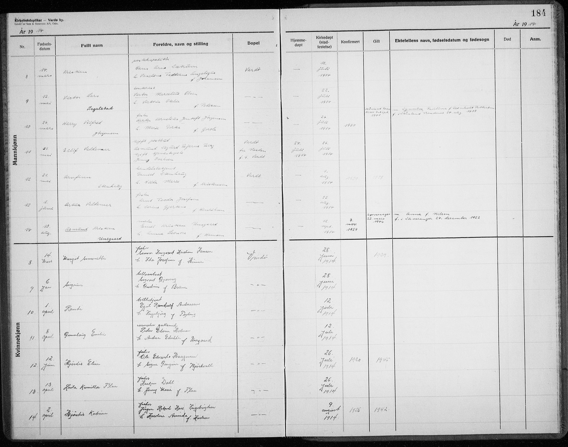 Vardø sokneprestkontor, AV/SATØ-S-1332/H/Hc/L0001kirkerekon: Annen kirkebok nr. 1, 1900-1914, s. 184