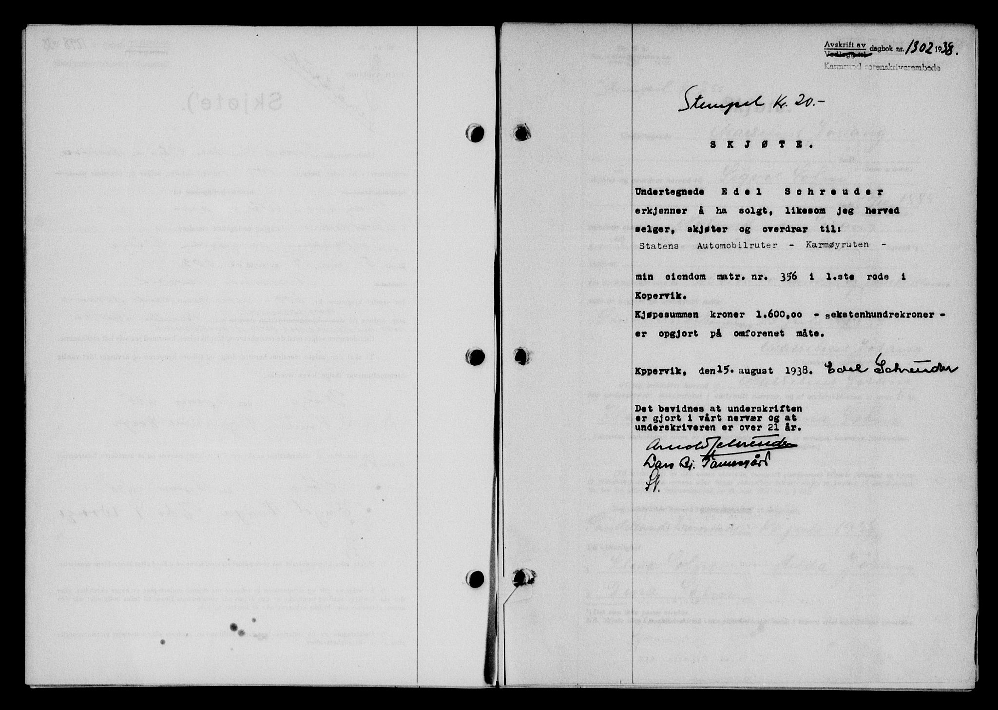 Karmsund sorenskriveri, SAST/A-100311/01/II/IIB/L0070: Pantebok nr. 51A, 1938-1939, Dagboknr: 1302/1938