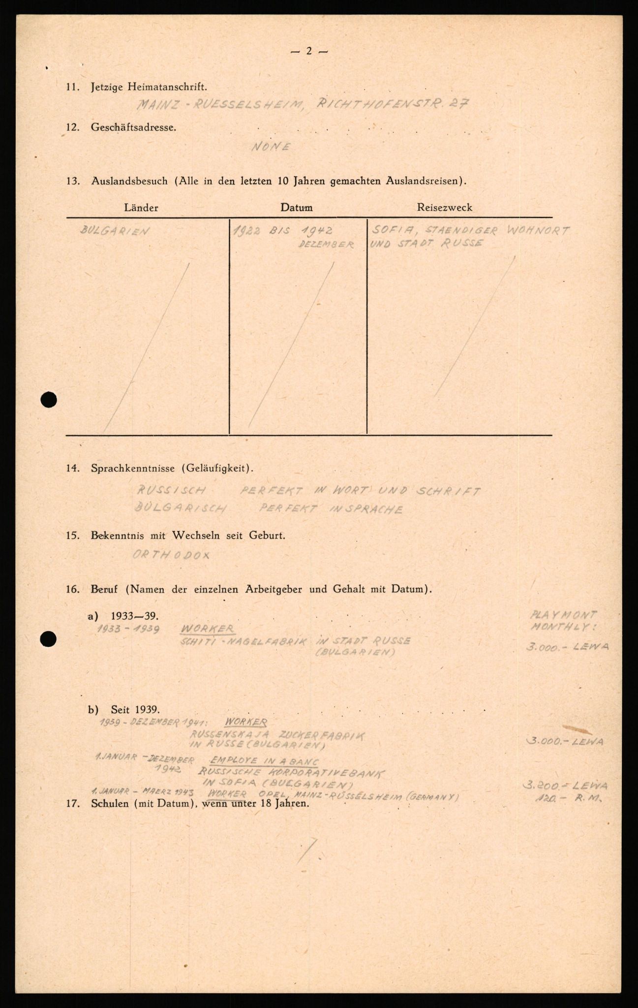 Forsvaret, Forsvarets overkommando II, AV/RA-RAFA-3915/D/Db/L0041: CI Questionaires.  Diverse nasjonaliteter., 1945-1946, s. 13