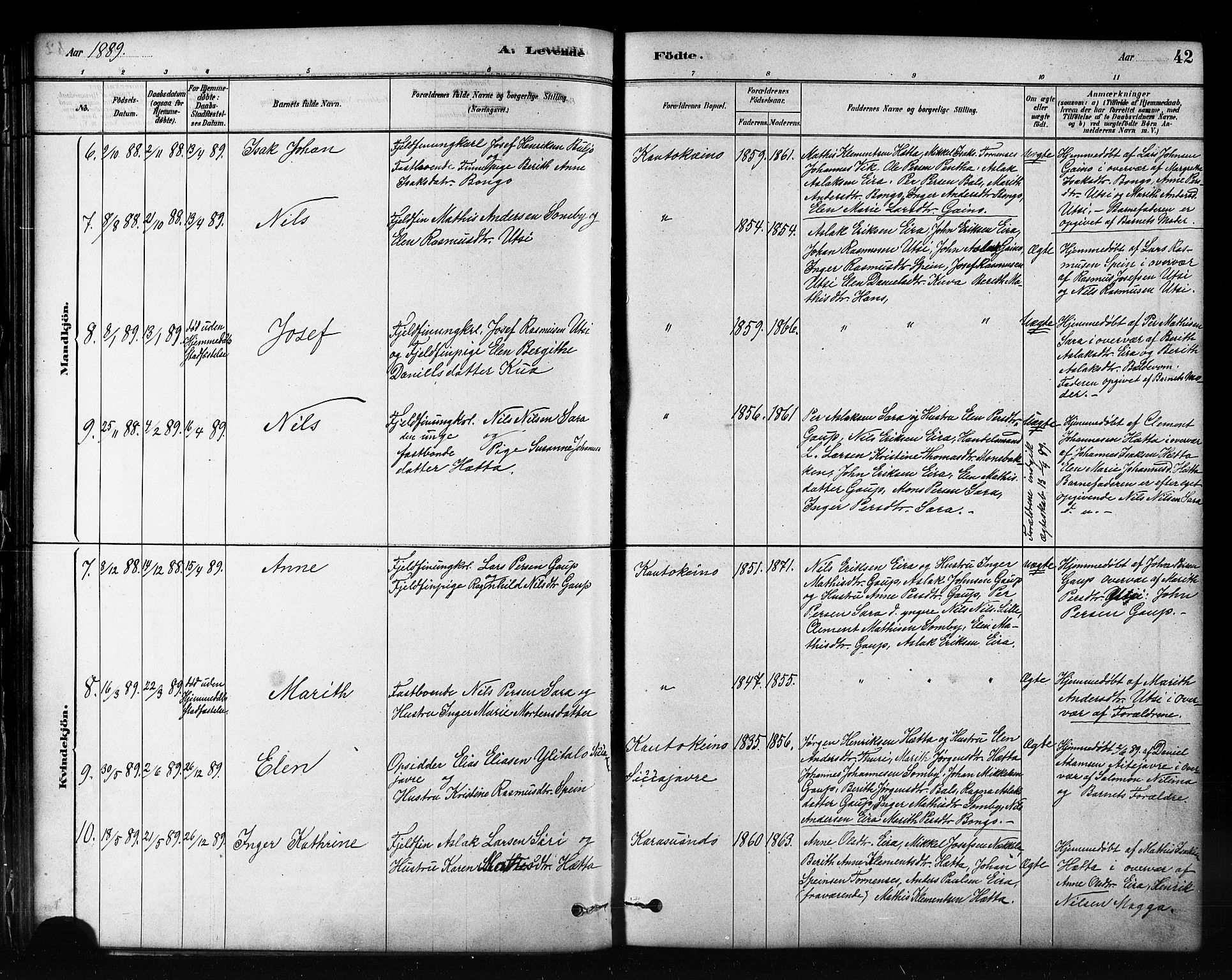 Kautokeino sokneprestembete, AV/SATØ-S-1340/H/Hb/L0002.klokk: Klokkerbok nr. 2, 1877-1896, s. 42
