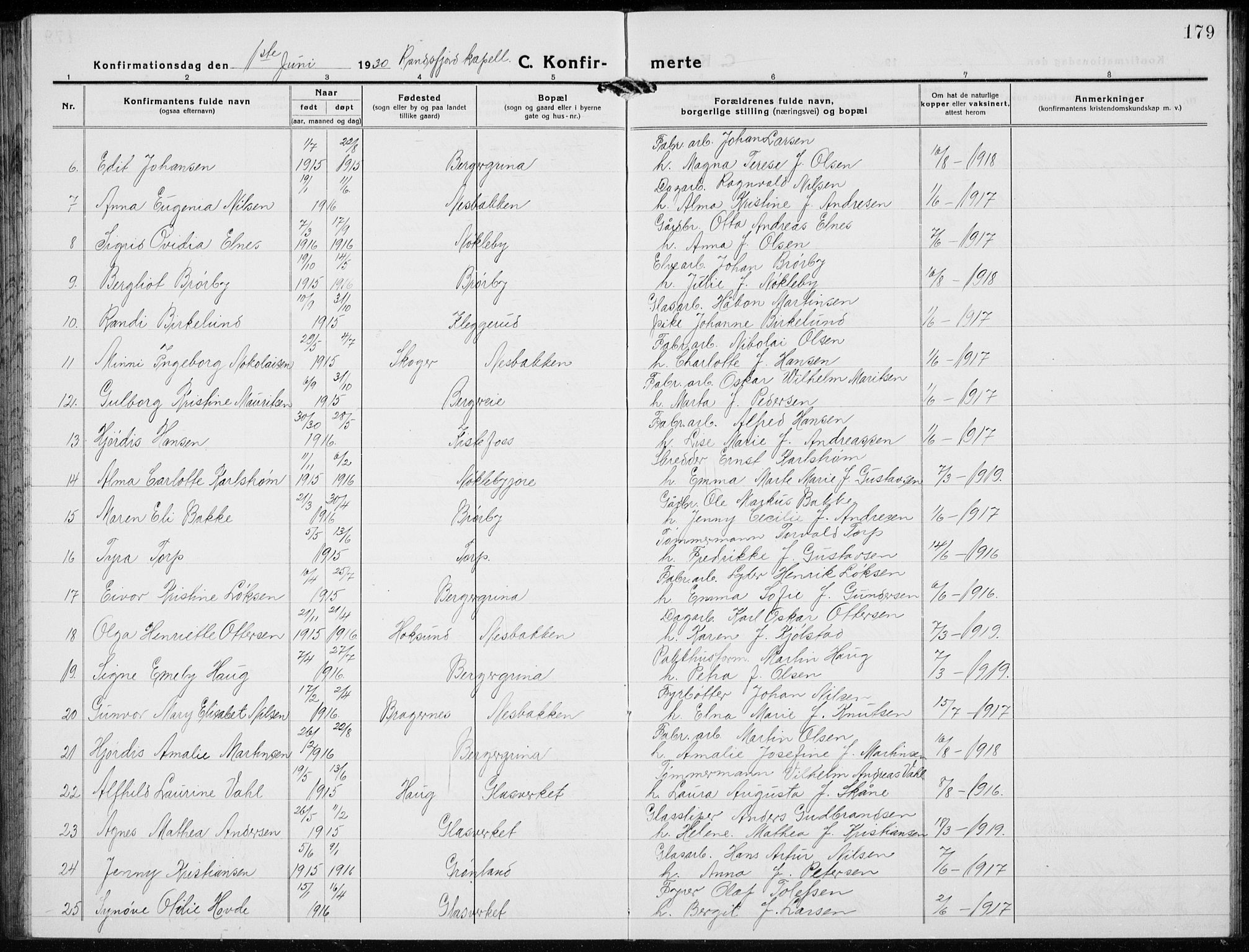 Jevnaker prestekontor, AV/SAH-PREST-116/H/Ha/Hab/L0005: Klokkerbok nr. 5, 1919-1934, s. 179
