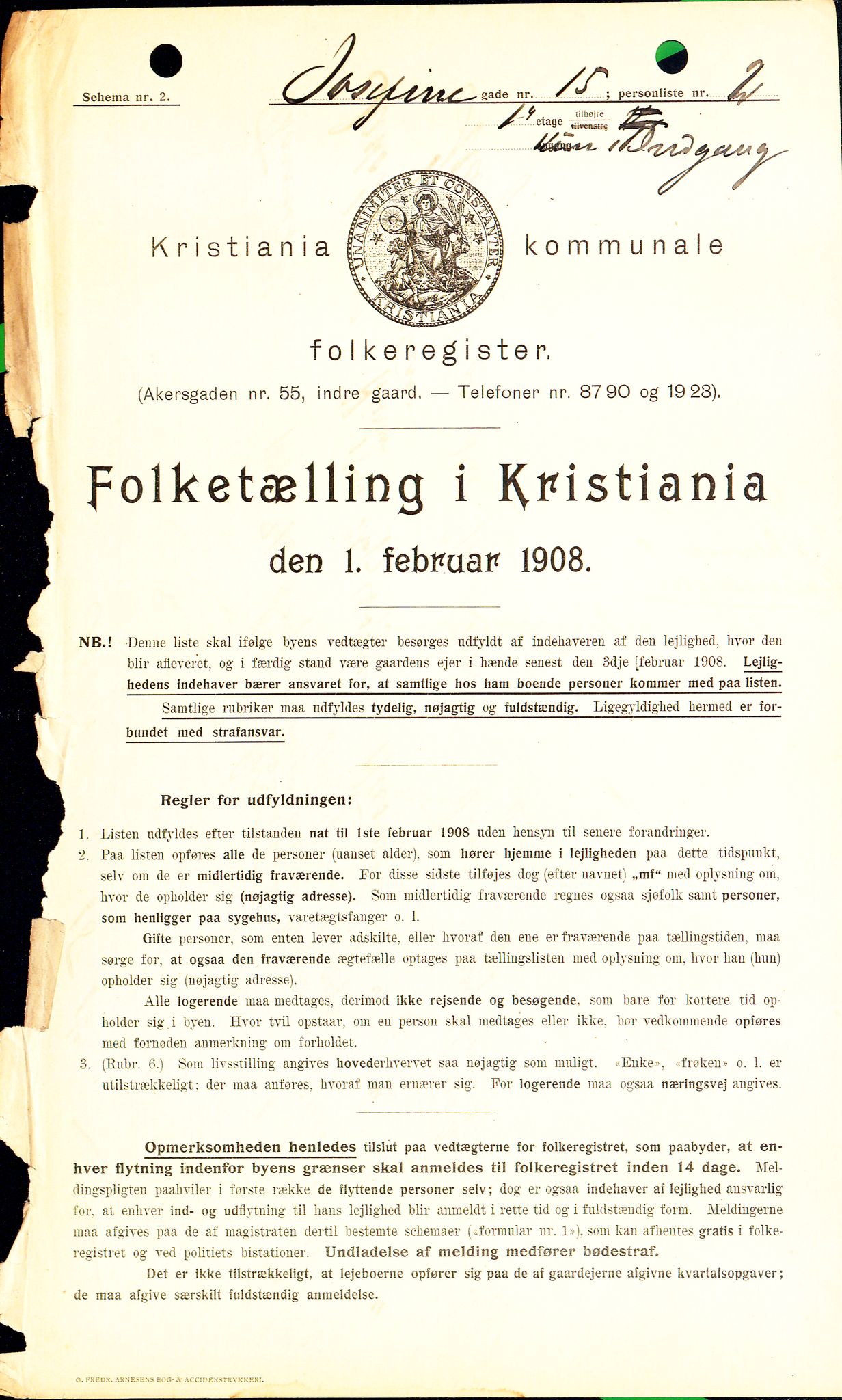 OBA, Kommunal folketelling 1.2.1908 for Kristiania kjøpstad, 1908, s. 42371