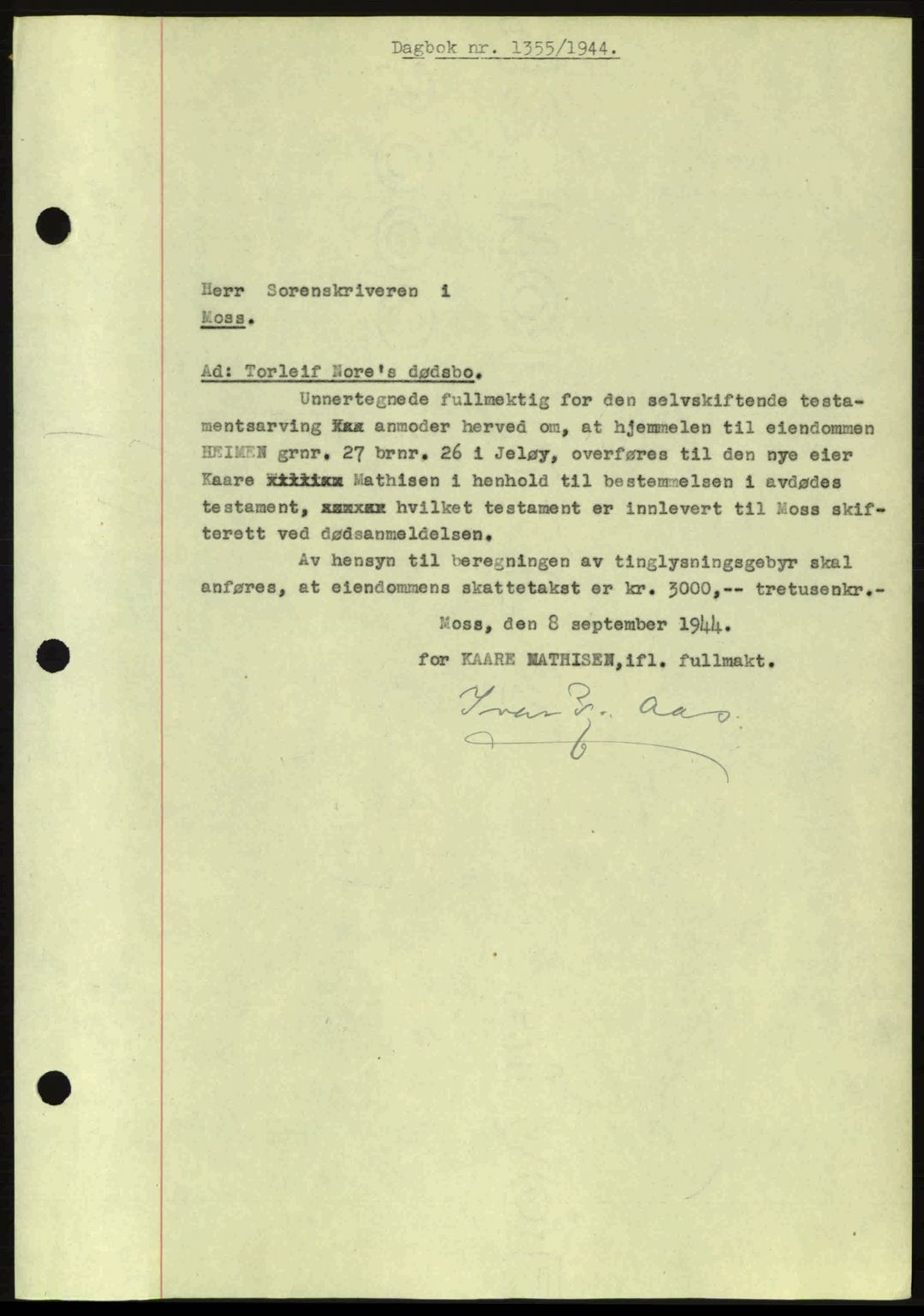 Moss sorenskriveri, SAO/A-10168: Pantebok nr. A12, 1943-1944, Dagboknr: 1355/1944