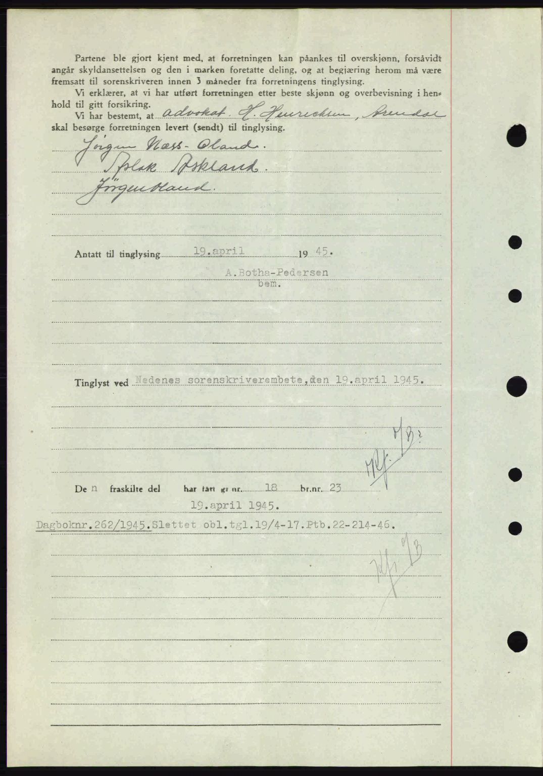 Nedenes sorenskriveri, SAK/1221-0006/G/Gb/Gba/L0052: Pantebok nr. A6a, 1944-1945, Dagboknr: 261/1945