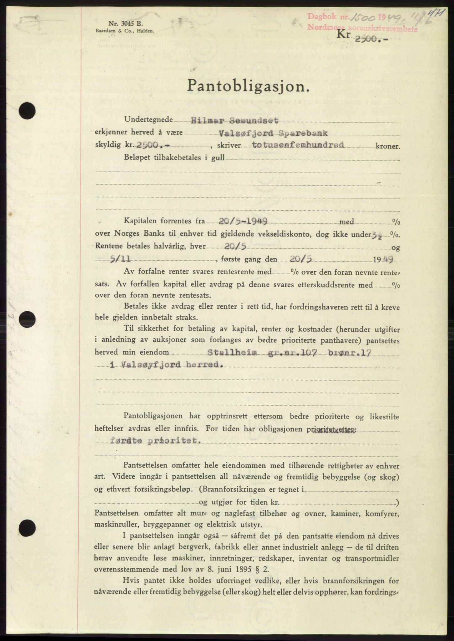 Nordmøre sorenskriveri, AV/SAT-A-4132/1/2/2Ca: Pantebok nr. B101, 1949-1949, Dagboknr: 1500/1949