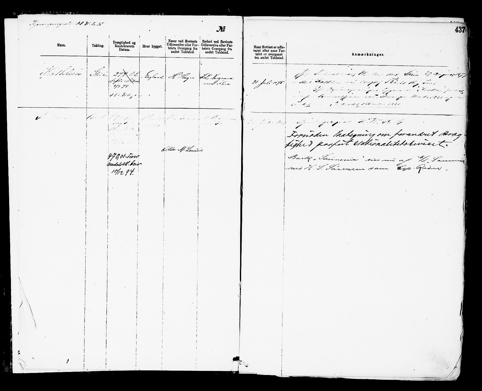 Arendal tollsted, SAK/1351-0003/H/Ha/L0643: Protokoll over utleverte nasjonalitetsbevis, 1875-1892, s. 437