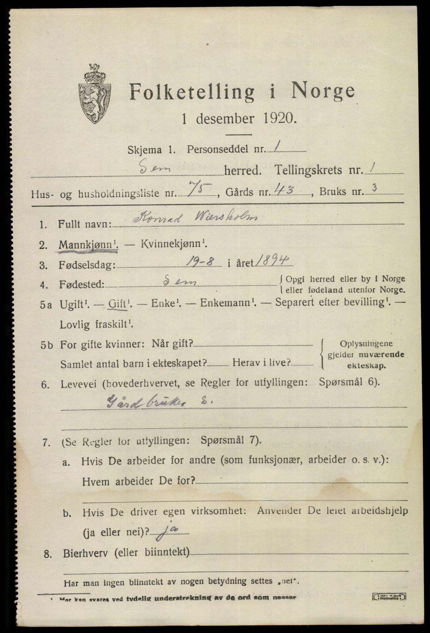 SAKO, Folketelling 1920 for 0721 Sem herred, 1920, s. 3589