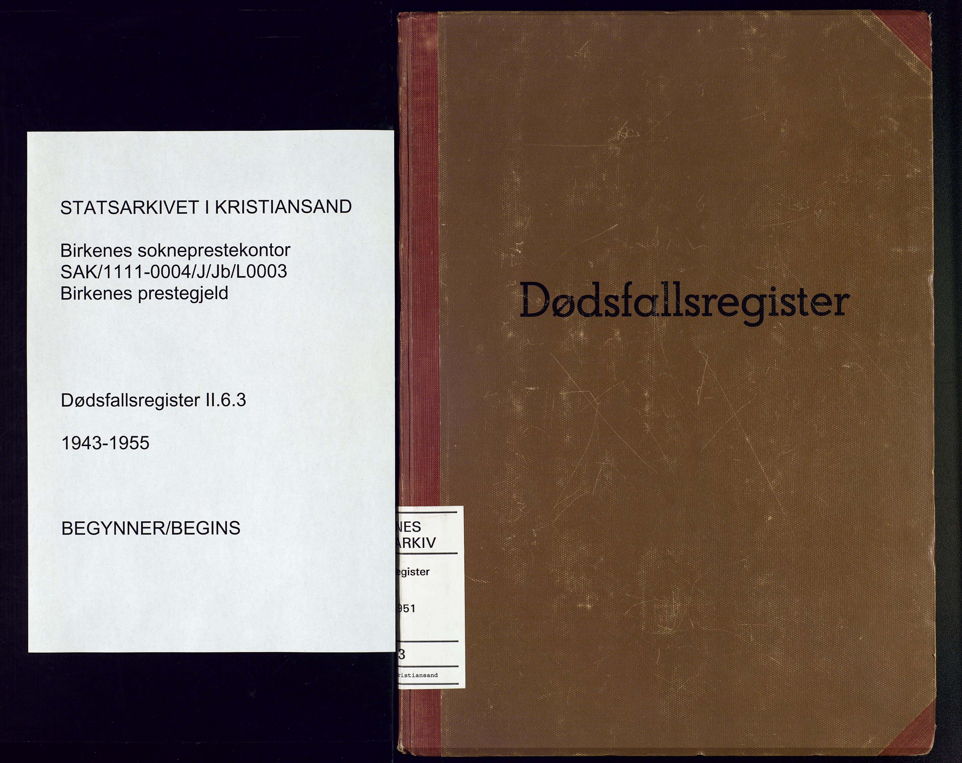 Birkenes sokneprestkontor, SAK/1111-0004/J/Jb/L0003: II.6.3 - Dødsfallsregister, 1943-1955