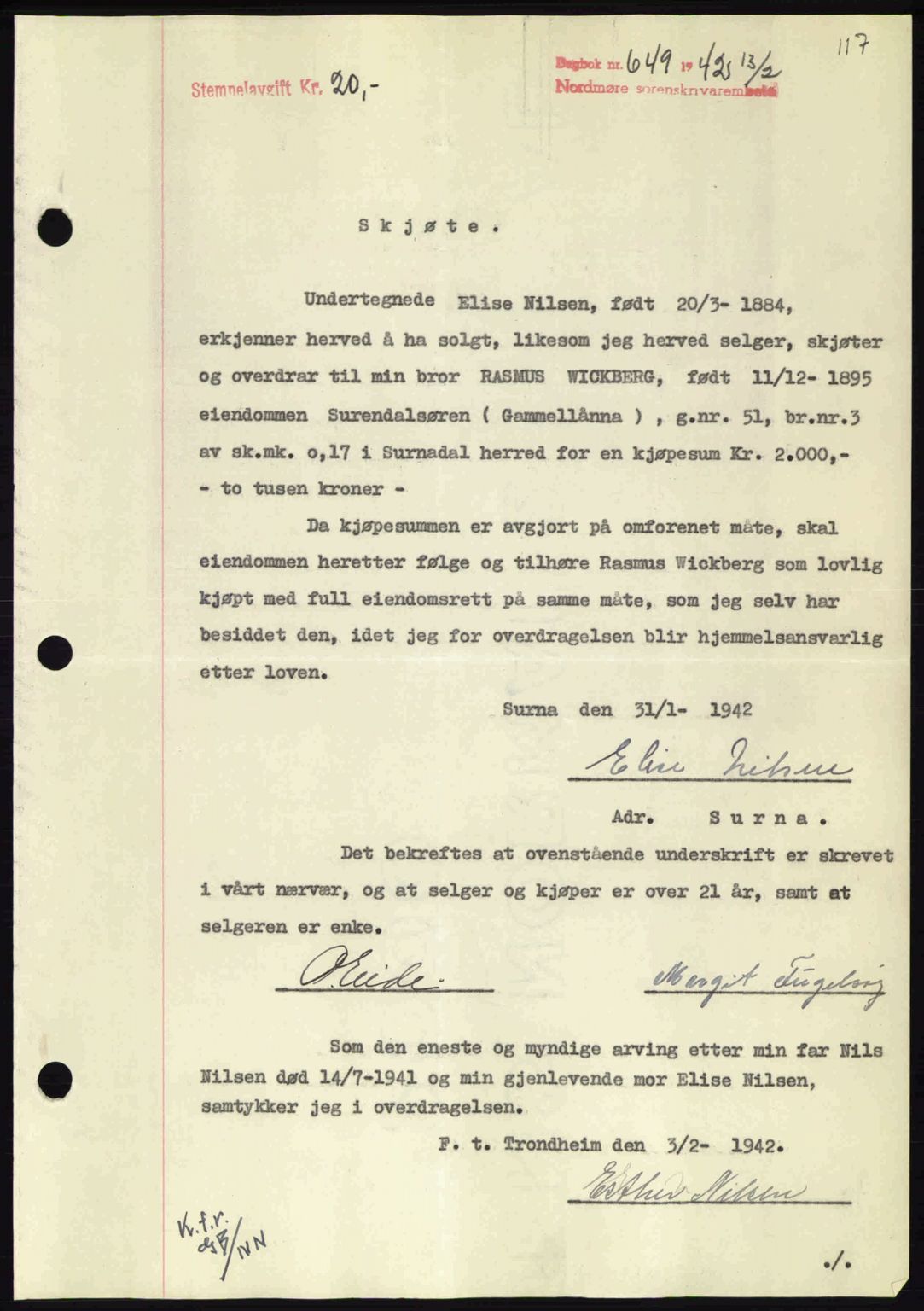 Nordmøre sorenskriveri, SAT/A-4132/1/2/2Ca: Pantebok nr. A92, 1942-1942, Dagboknr: 649/1942