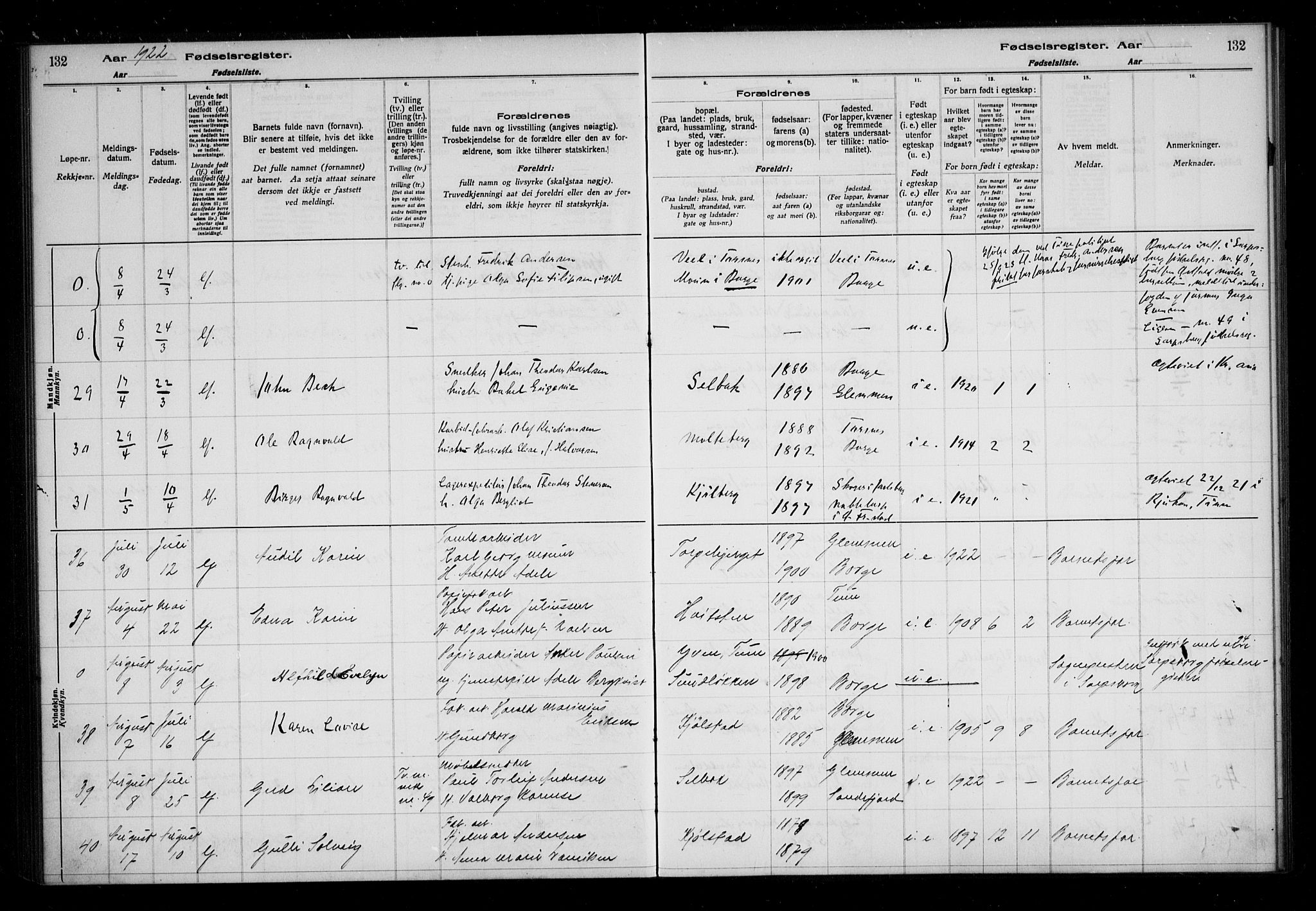 Borge prestekontor Kirkebøker, AV/SAO-A-10903/J/Ja/L0001: Fødselsregister nr. I 1, 1916-1925, s. 132