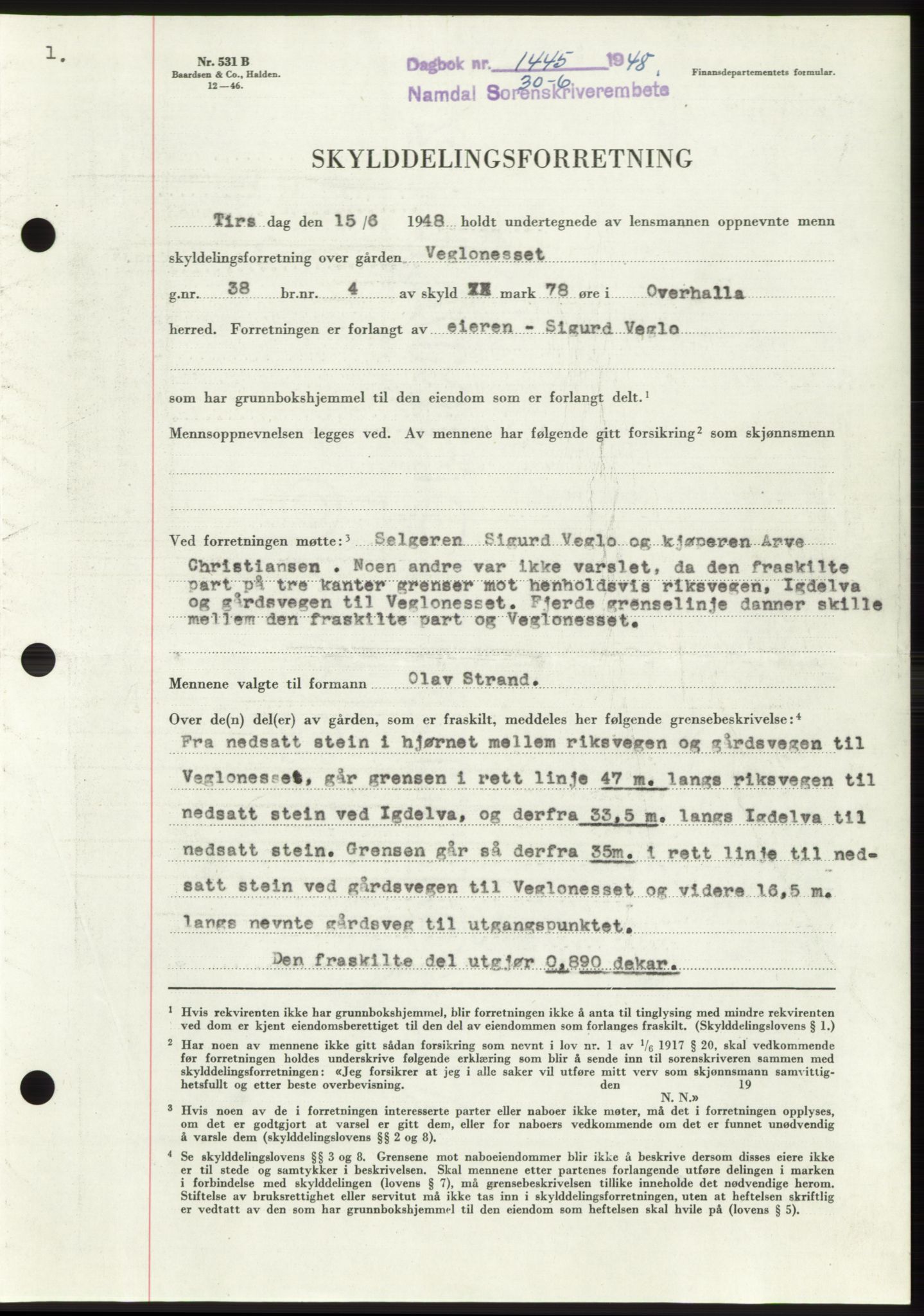 Namdal sorenskriveri, SAT/A-4133/1/2/2C: Pantebok nr. -, 1948-1948, Dagboknr: 1445/1948