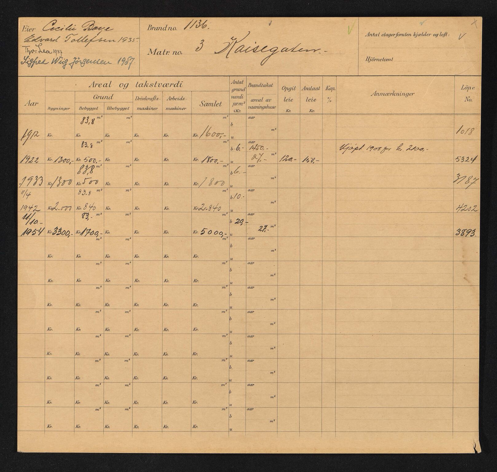 Stavanger kommune. Skattetakstvesenet, BYST/A-0440/F/Fa/Faa/L0022/0003: Skattetakstkort / Kaisegata 1 - Kalhammaren 13