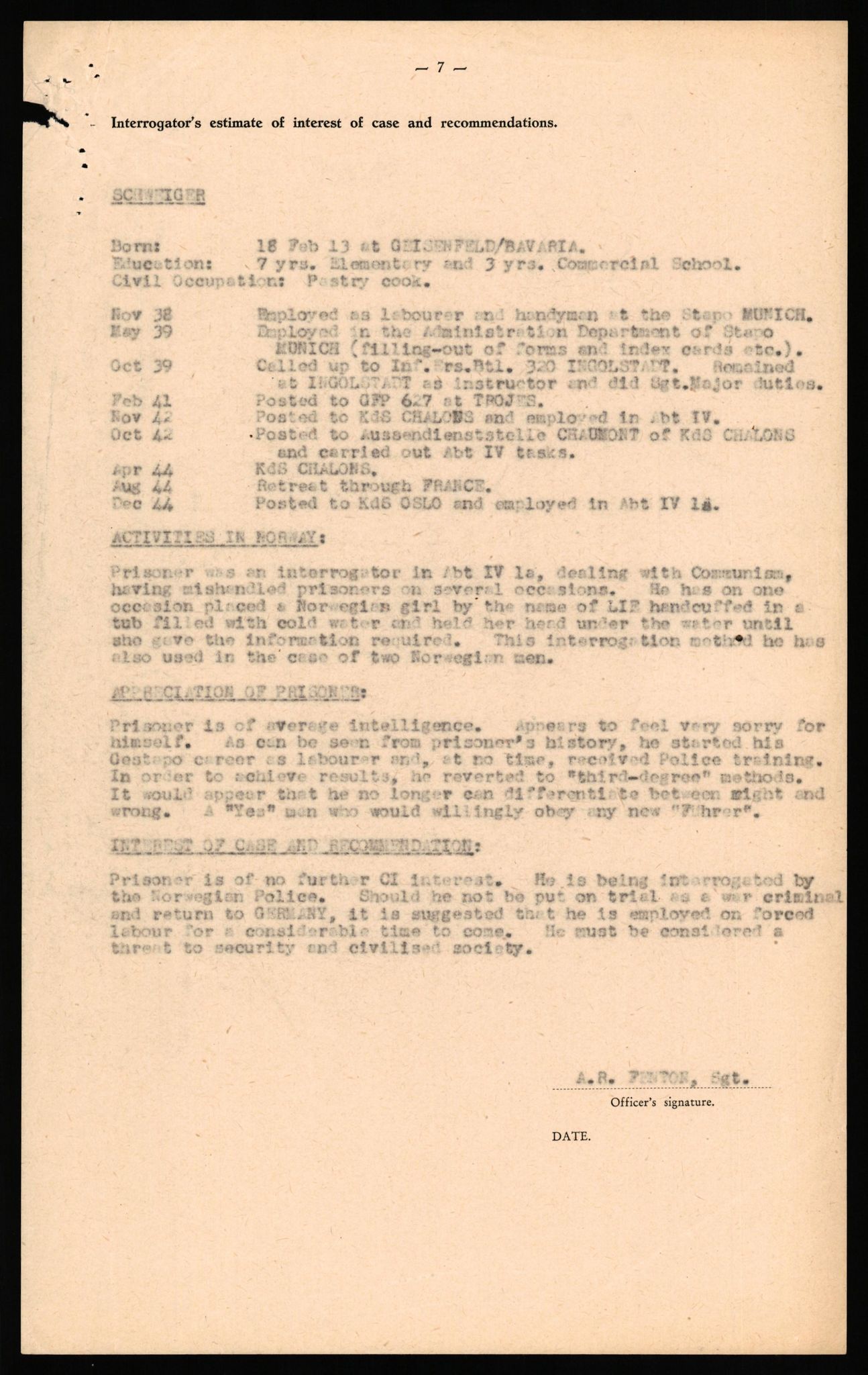 Forsvaret, Forsvarets overkommando II, RA/RAFA-3915/D/Db/L0031: CI Questionaires. Tyske okkupasjonsstyrker i Norge. Tyskere., 1945-1946, s. 167