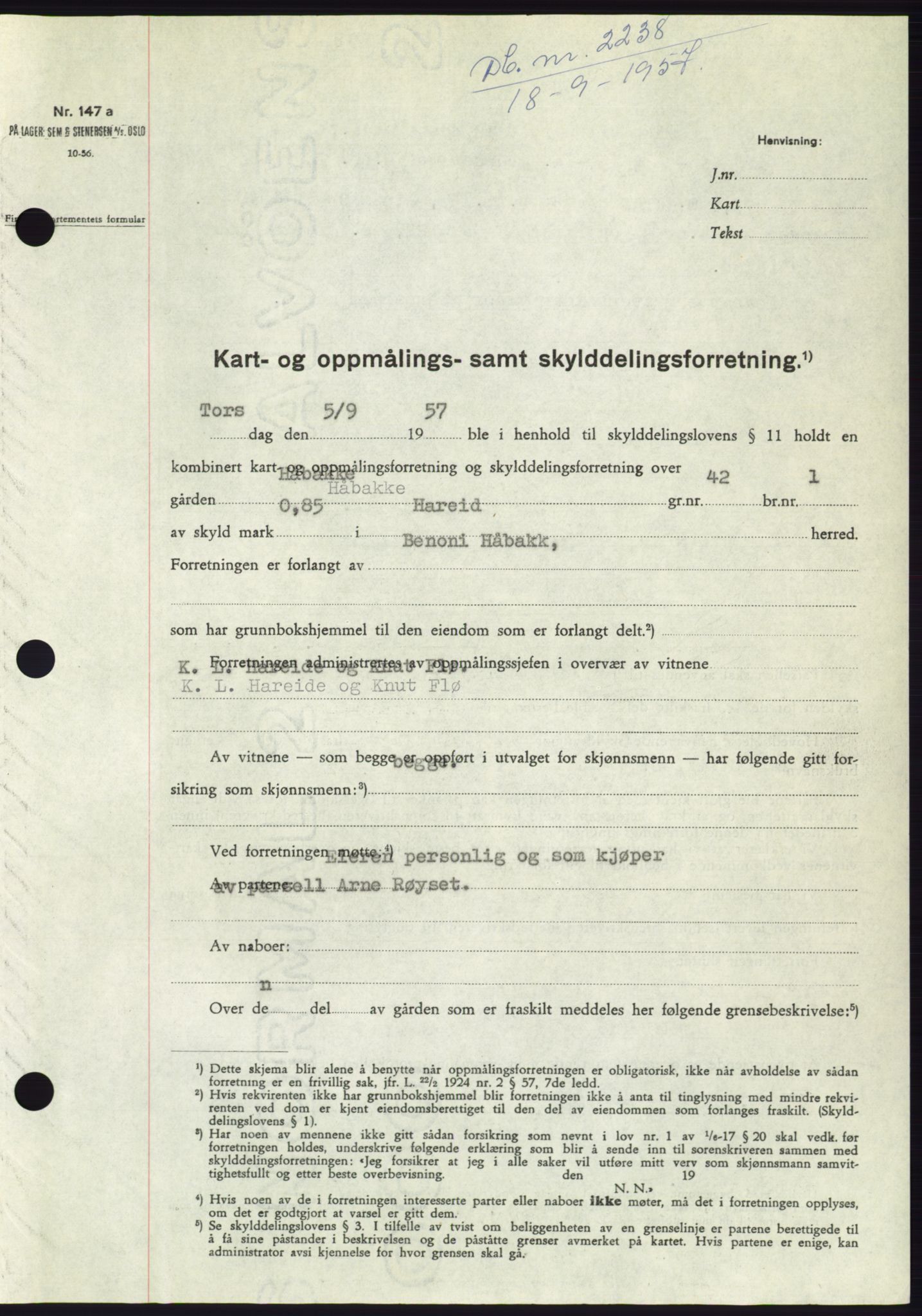 Søre Sunnmøre sorenskriveri, SAT/A-4122/1/2/2C/L0107: Pantebok nr. 33A, 1957-1957, Dagboknr: 2238/1957