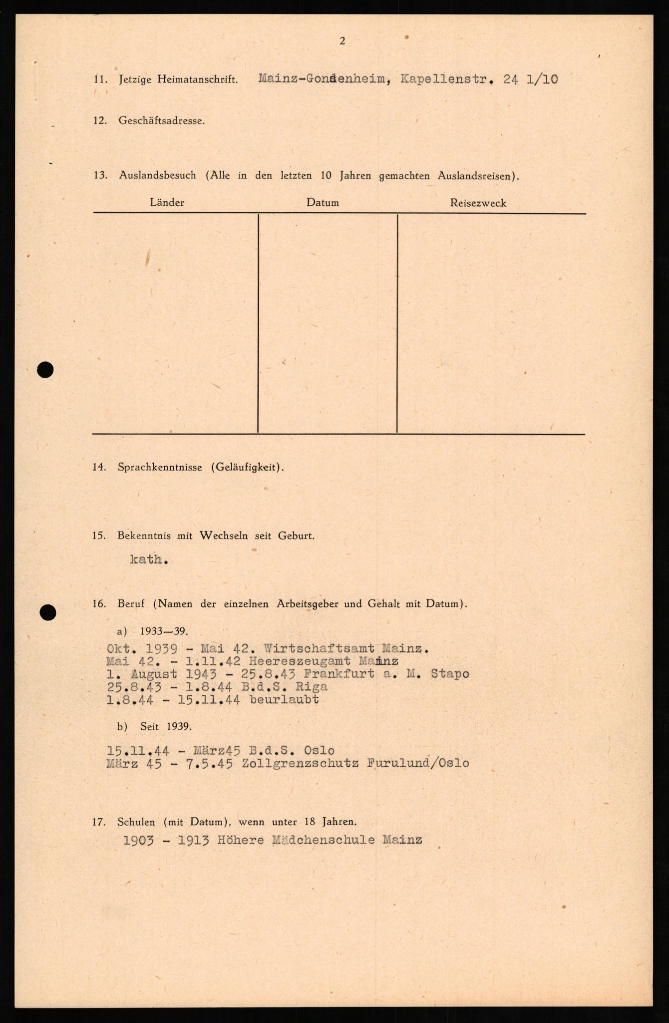 Forsvaret, Forsvarets overkommando II, RA/RAFA-3915/D/Db/L0017: CI Questionaires. Tyske okkupasjonsstyrker i Norge. Tyskere., 1945-1946, s. 440