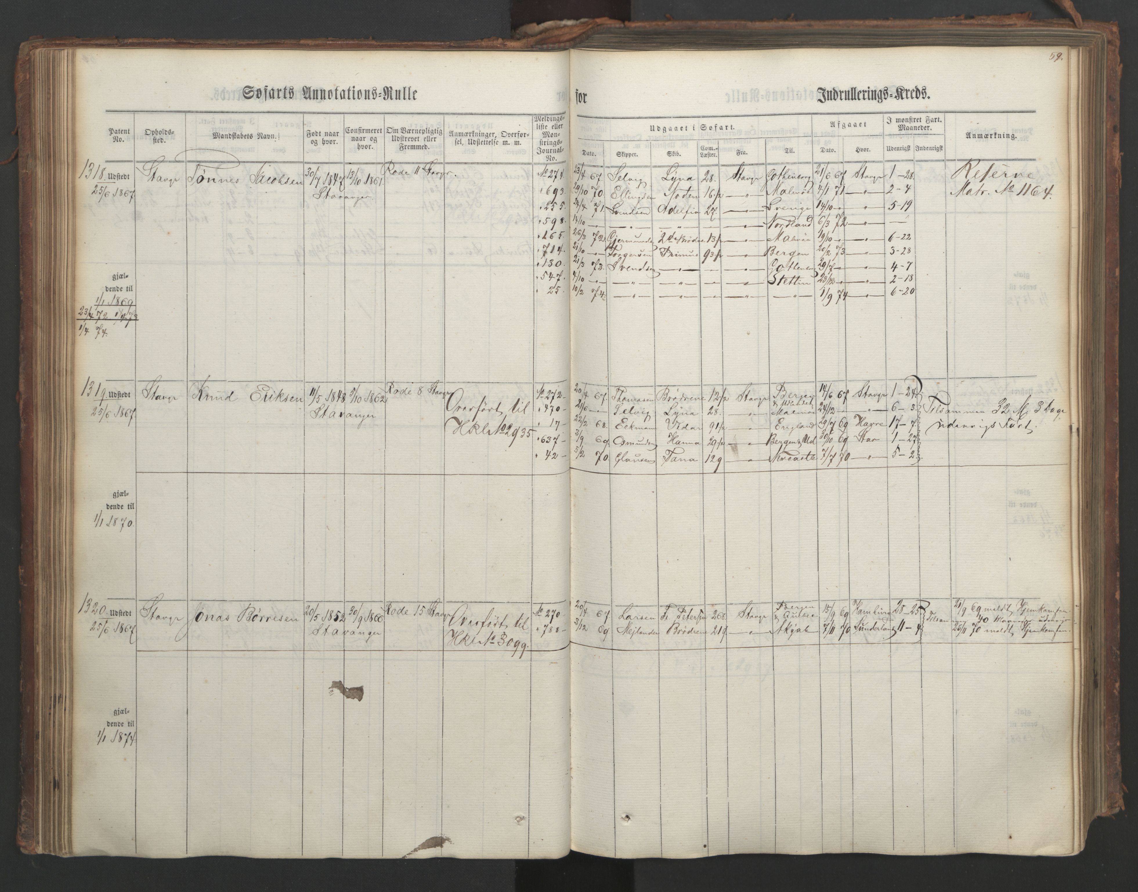 Stavanger sjømannskontor, AV/SAST-A-102006/F/Ff/L0003: Annotasjonsrulle, patentnr. 1144-1761, 1866, s. 71