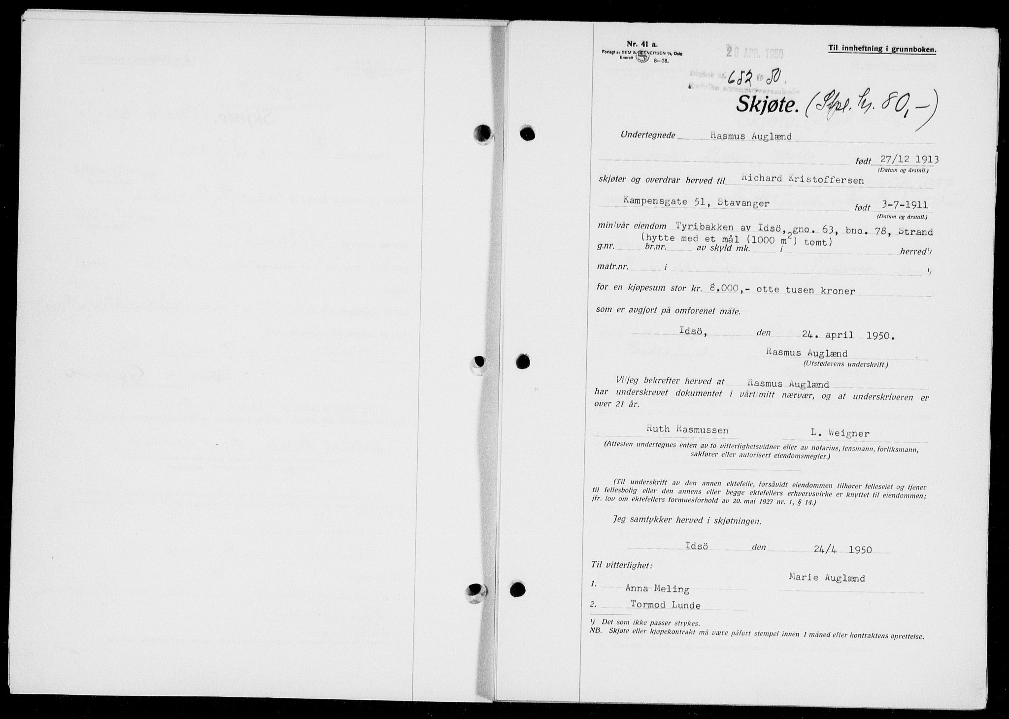 Ryfylke tingrett, SAST/A-100055/001/II/IIB/L0109: Pantebok nr. 88, 1950-1950, Dagboknr: 652/1950