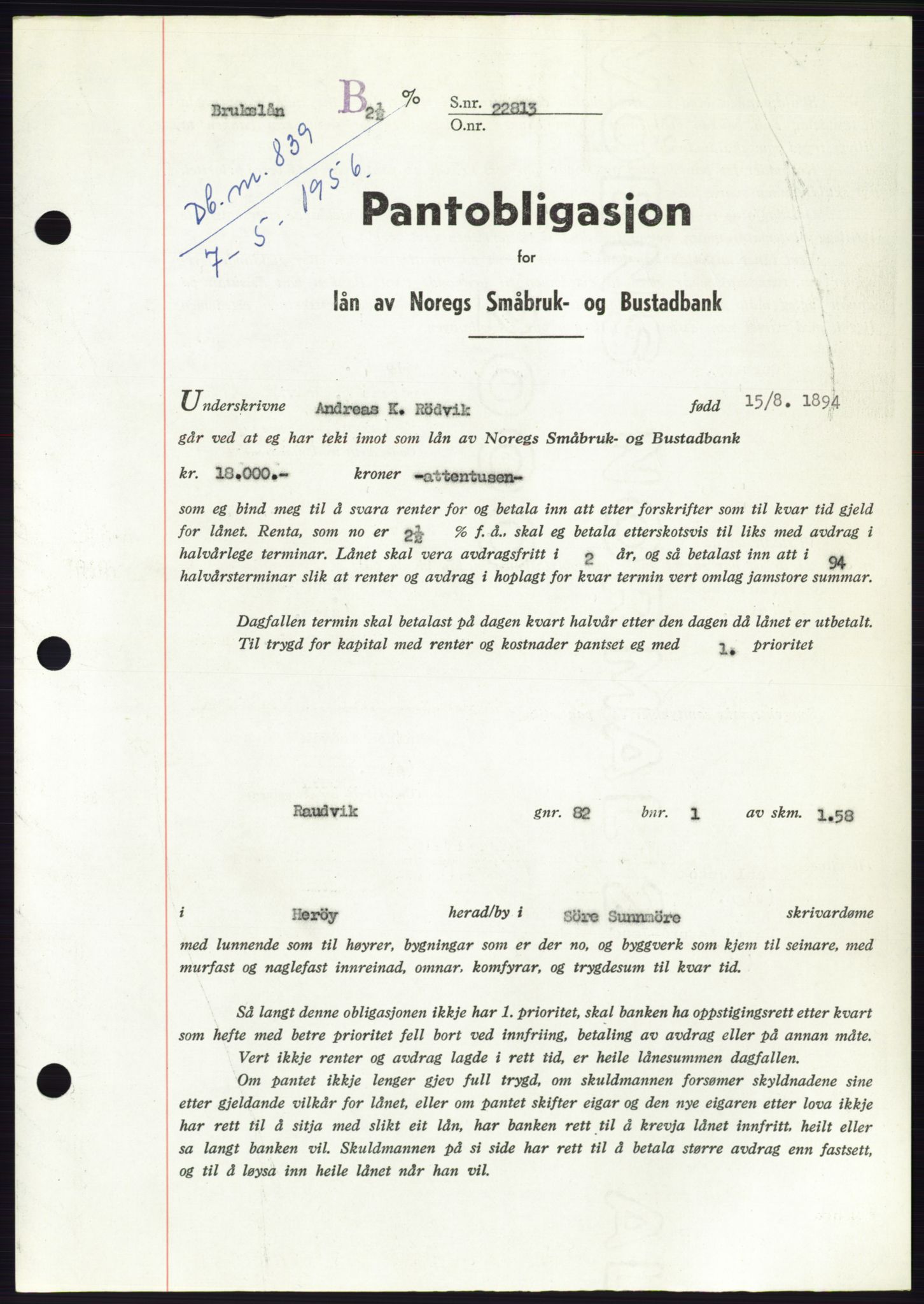 Søre Sunnmøre sorenskriveri, SAT/A-4122/1/2/2C/L0128: Pantebok nr. 16B, 1956-1956, Dagboknr: 839/1956
