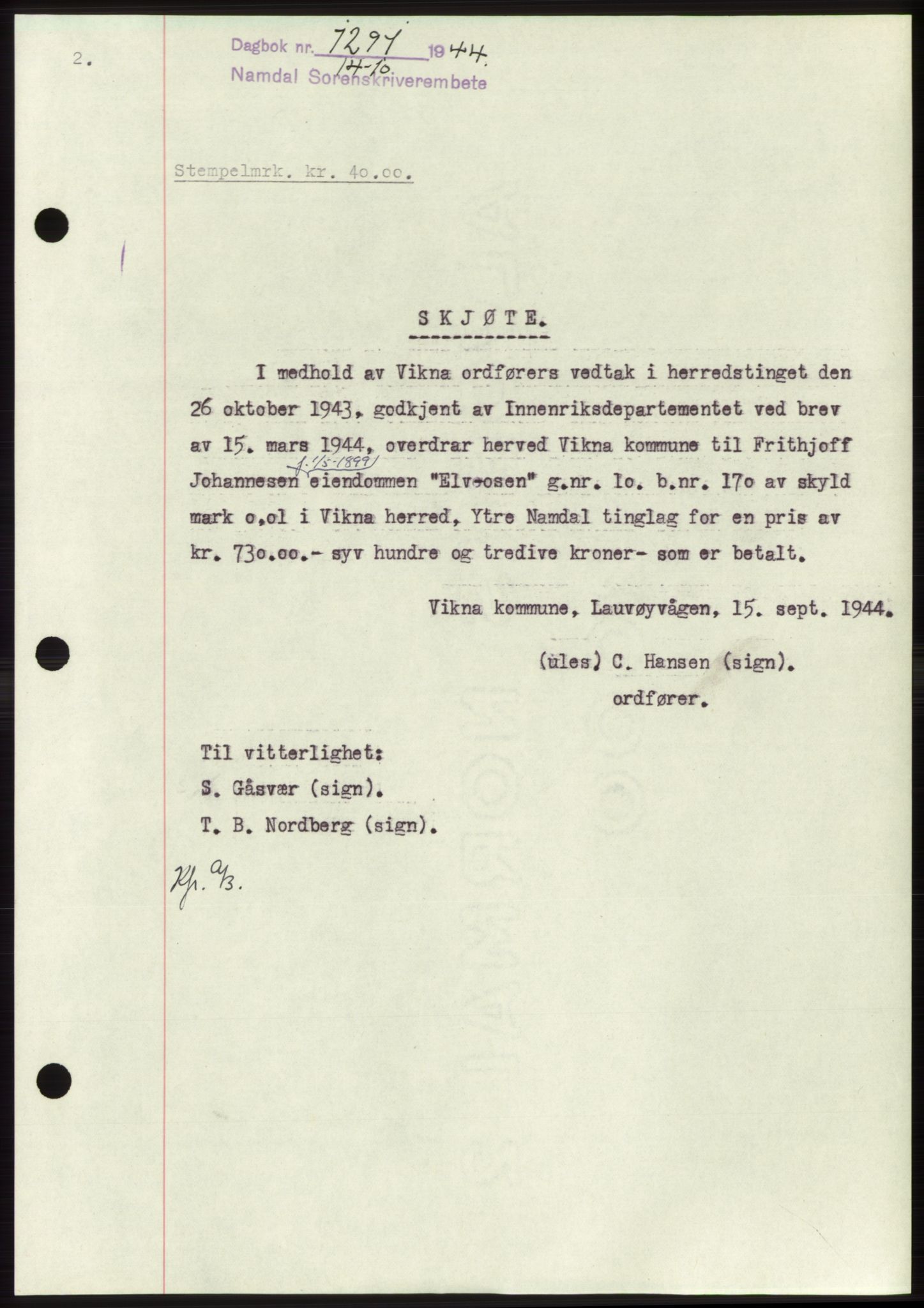 Namdal sorenskriveri, SAT/A-4133/1/2/2C: Pantebok nr. -, 1944-1945, Dagboknr: 1291/1944