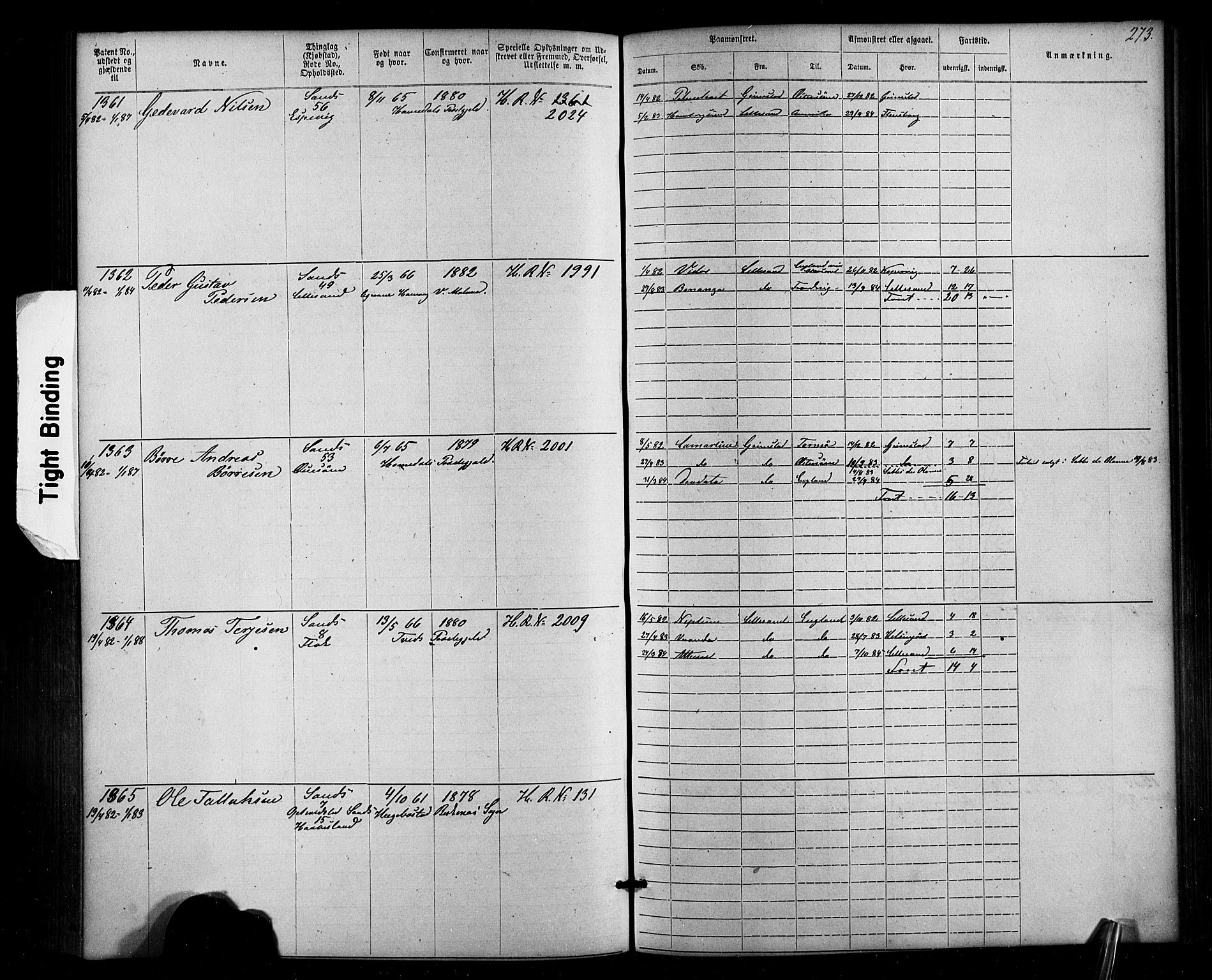 Lillesand mønstringskrets, AV/SAK-2031-0014/F/Fa/L0002: Annotasjonsrulle nr 1-1910 med register, W-8, 1868-1891, s. 279