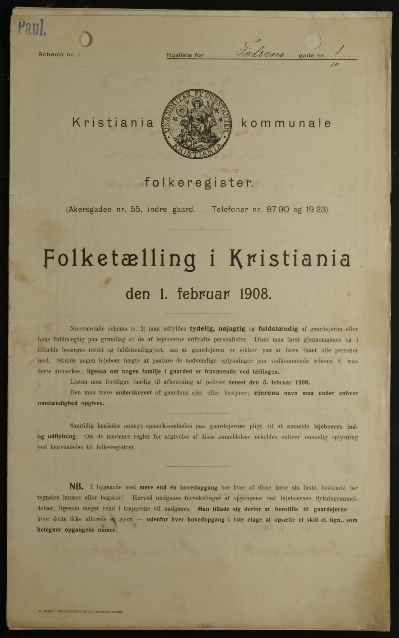 OBA, Kommunal folketelling 1.2.1908 for Kristiania kjøpstad, 1908, s. 21133