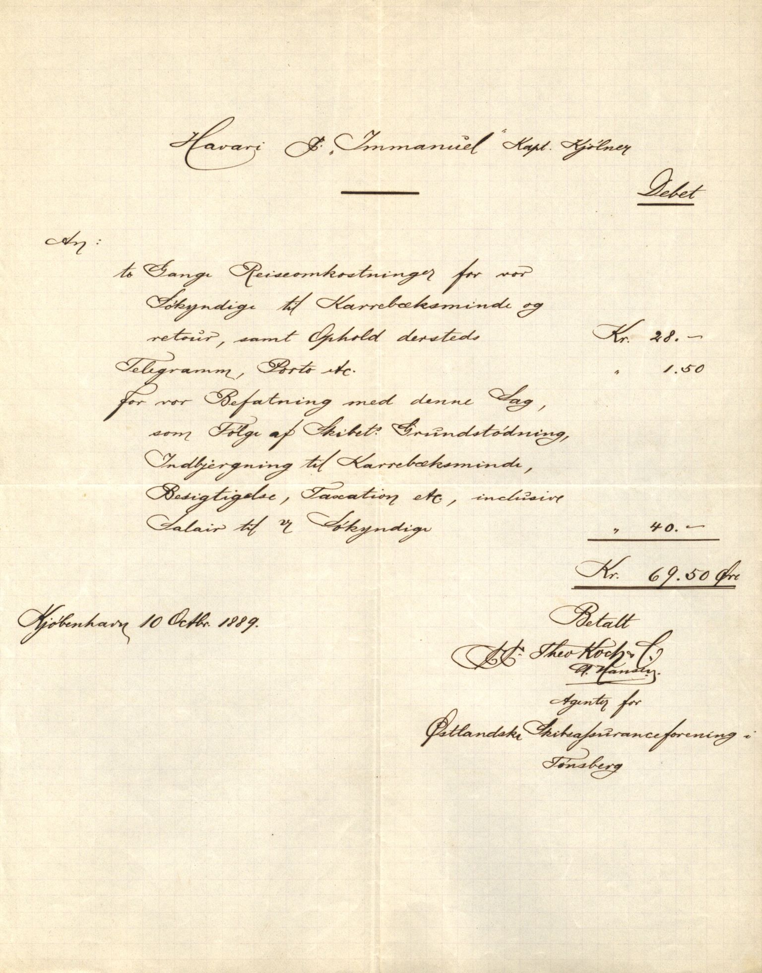 Pa 63 - Østlandske skibsassuranceforening, VEMU/A-1079/G/Ga/L0023/0008: Havaridokumenter / Immanuel, Wilhelm, Tobine, Diaz, Esmeralda, Tjømø, 1889, s. 21