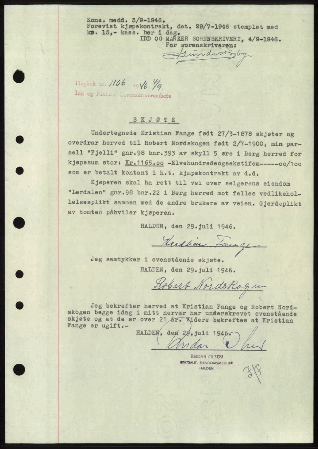 Idd og Marker sorenskriveri, AV/SAO-A-10283/G/Gb/Gbb/L0008: Pantebok nr. A8, 1946-1946, Dagboknr: 1106/1946