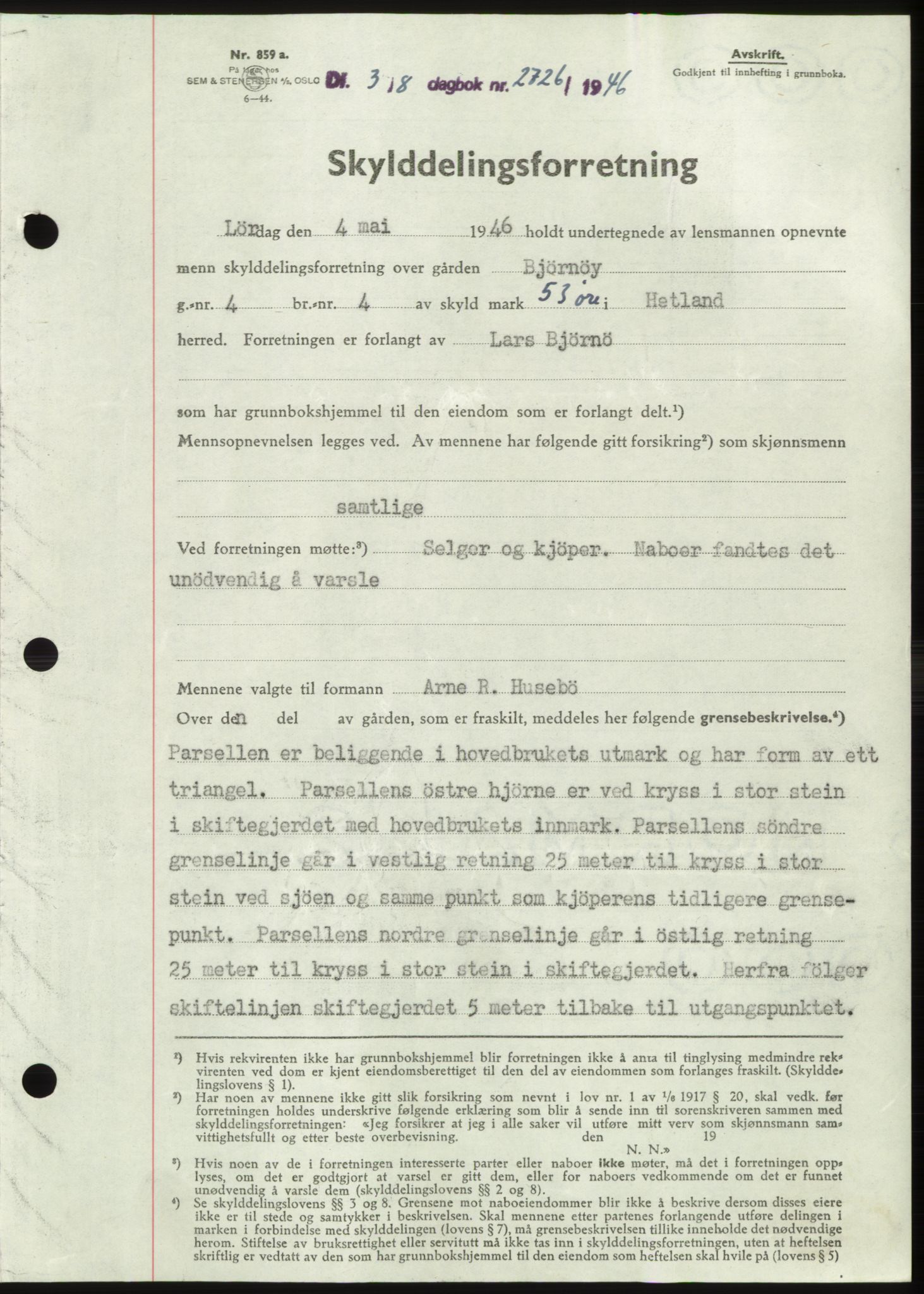 Jæren sorenskriveri, SAST/A-100310/03/G/Gba/L0091: Pantebok, 1946-1946, Dagboknr: 2726/1946
