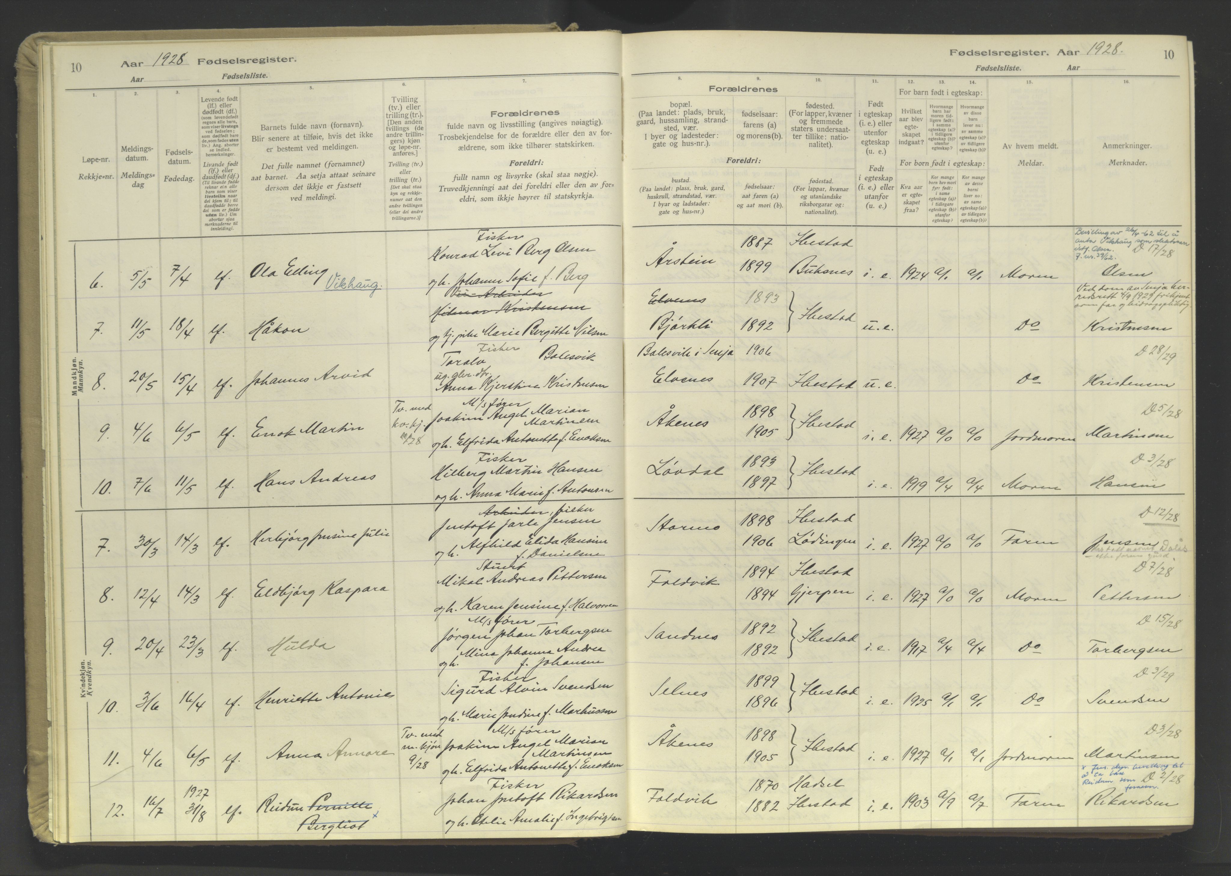 Ibestad sokneprestembete, SATØ/S-0077/I/Ic/L0064: Fødselsregister nr. 64, 1926-1961, s. 10