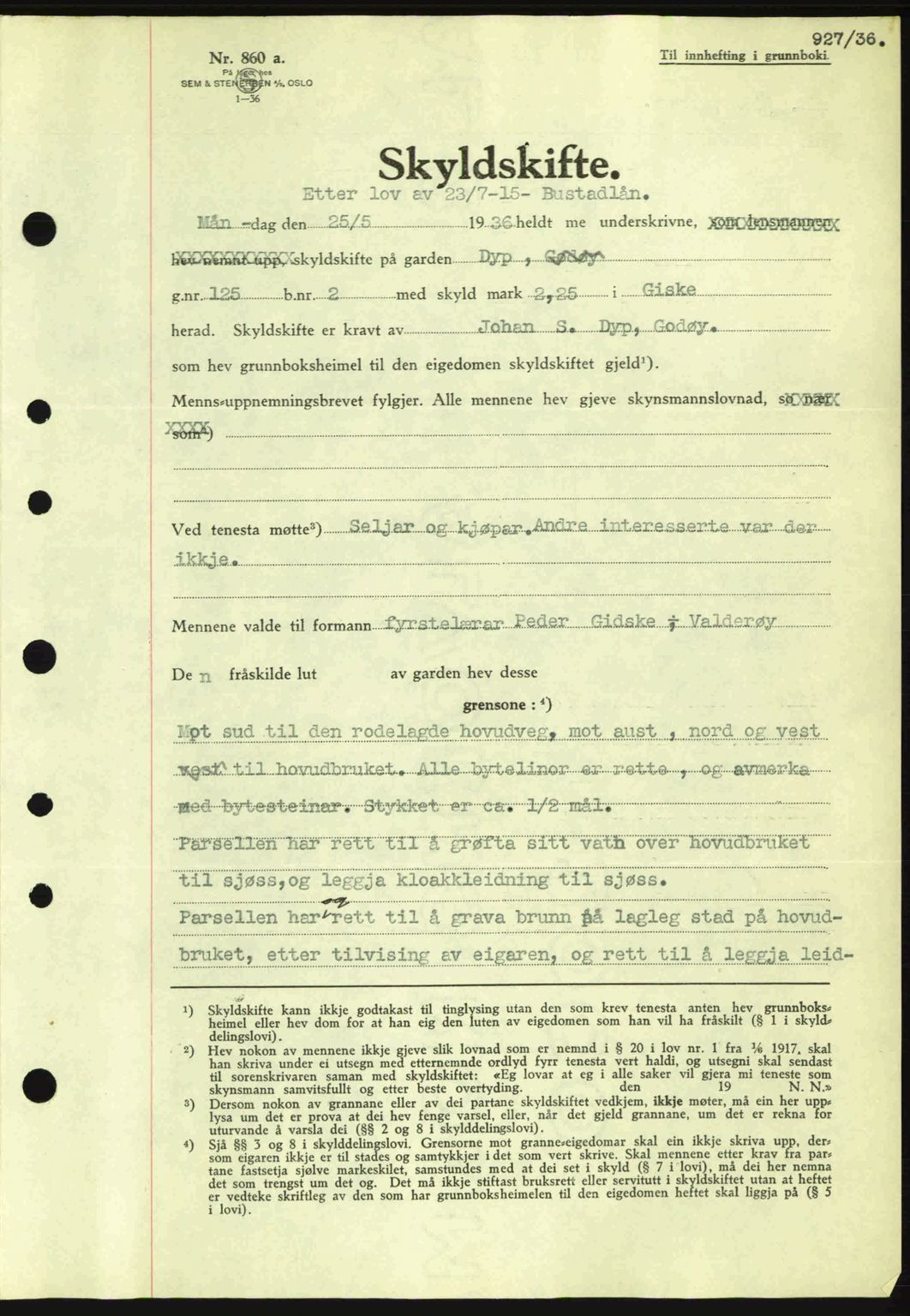 Nordre Sunnmøre sorenskriveri, AV/SAT-A-0006/1/2/2C/2Ca: Pantebok nr. A1, 1936-1936, Dagboknr: 927/1936