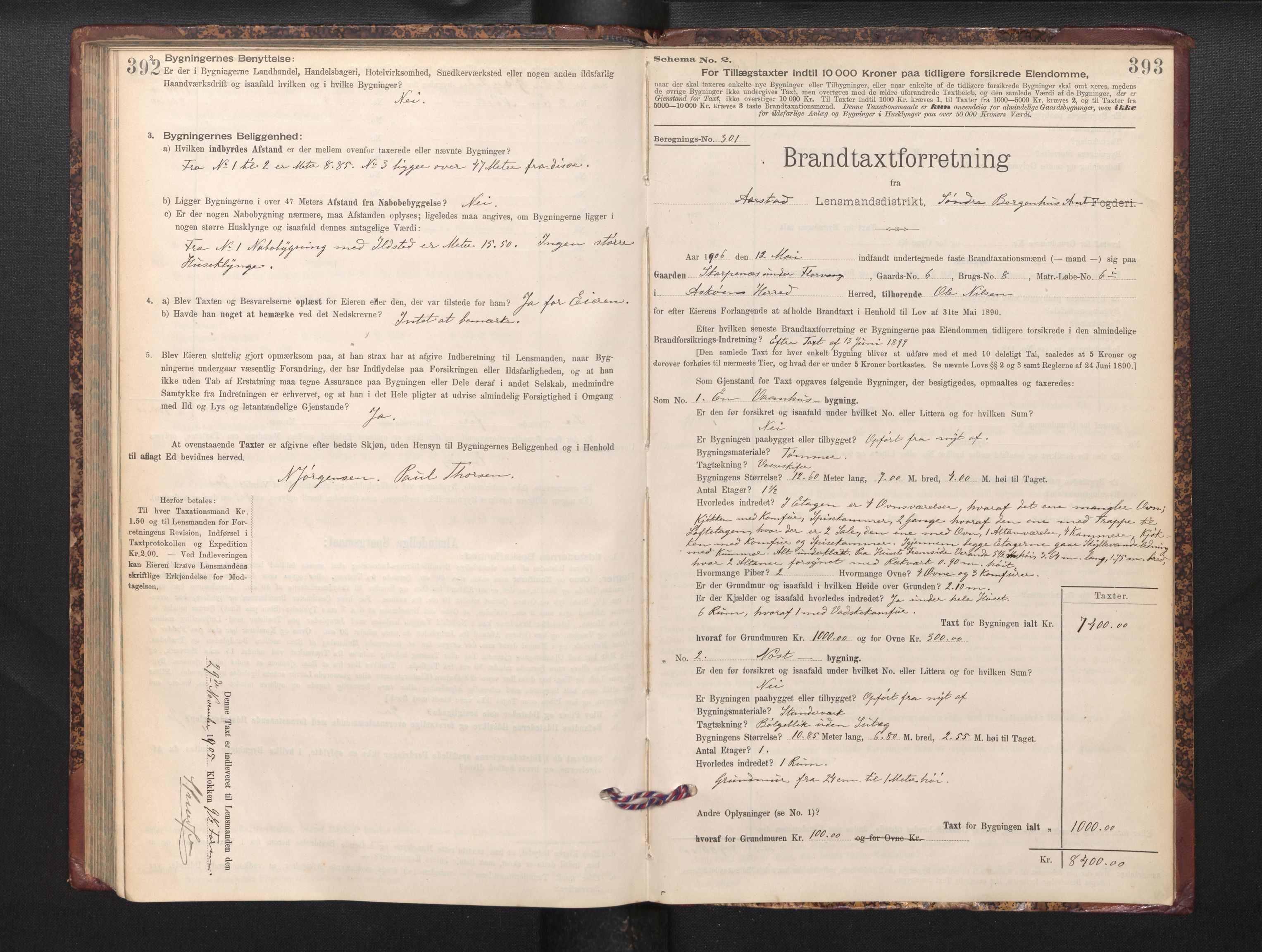 Lensmannen i Årstad, SAB/A-36201/0012/L0012: Branntakstprotokoll,skjematakst, 1898-1906, s. 392-393