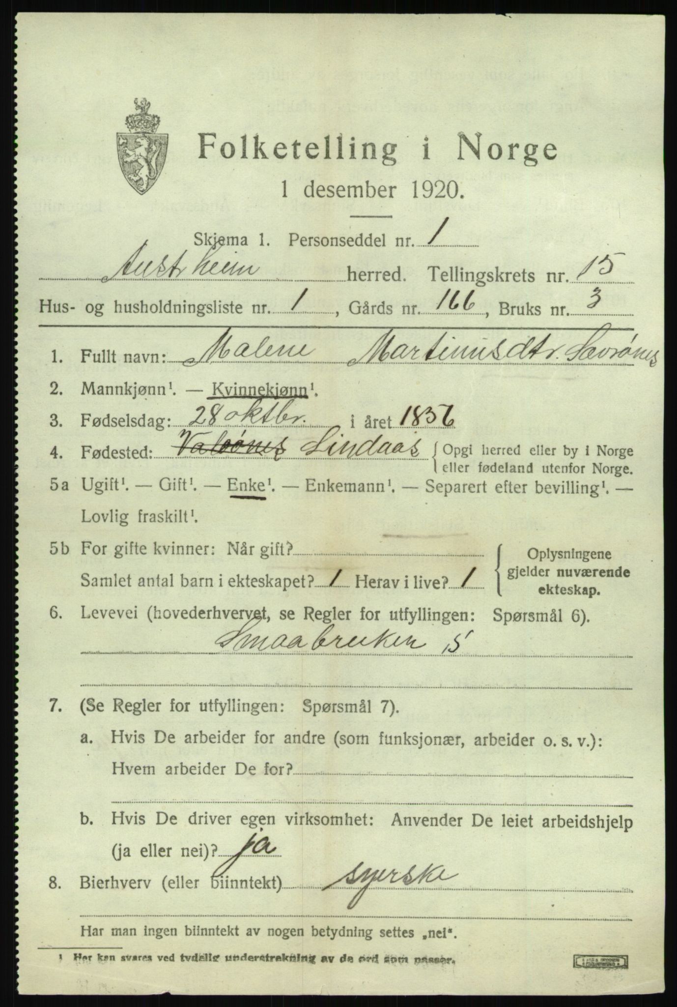 SAB, Folketelling 1920 for 1264 Austrheim herred, 1920, s. 4964