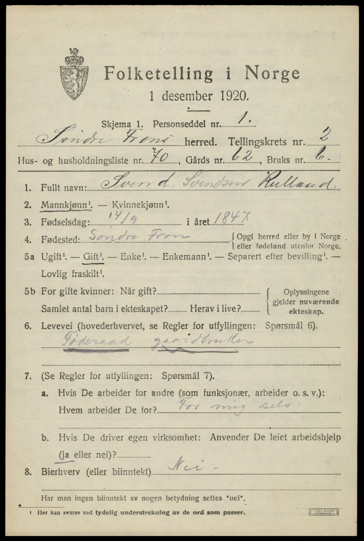 SAH, Folketelling 1920 for 0519 Sør-Fron herred, 1920, s. 2729