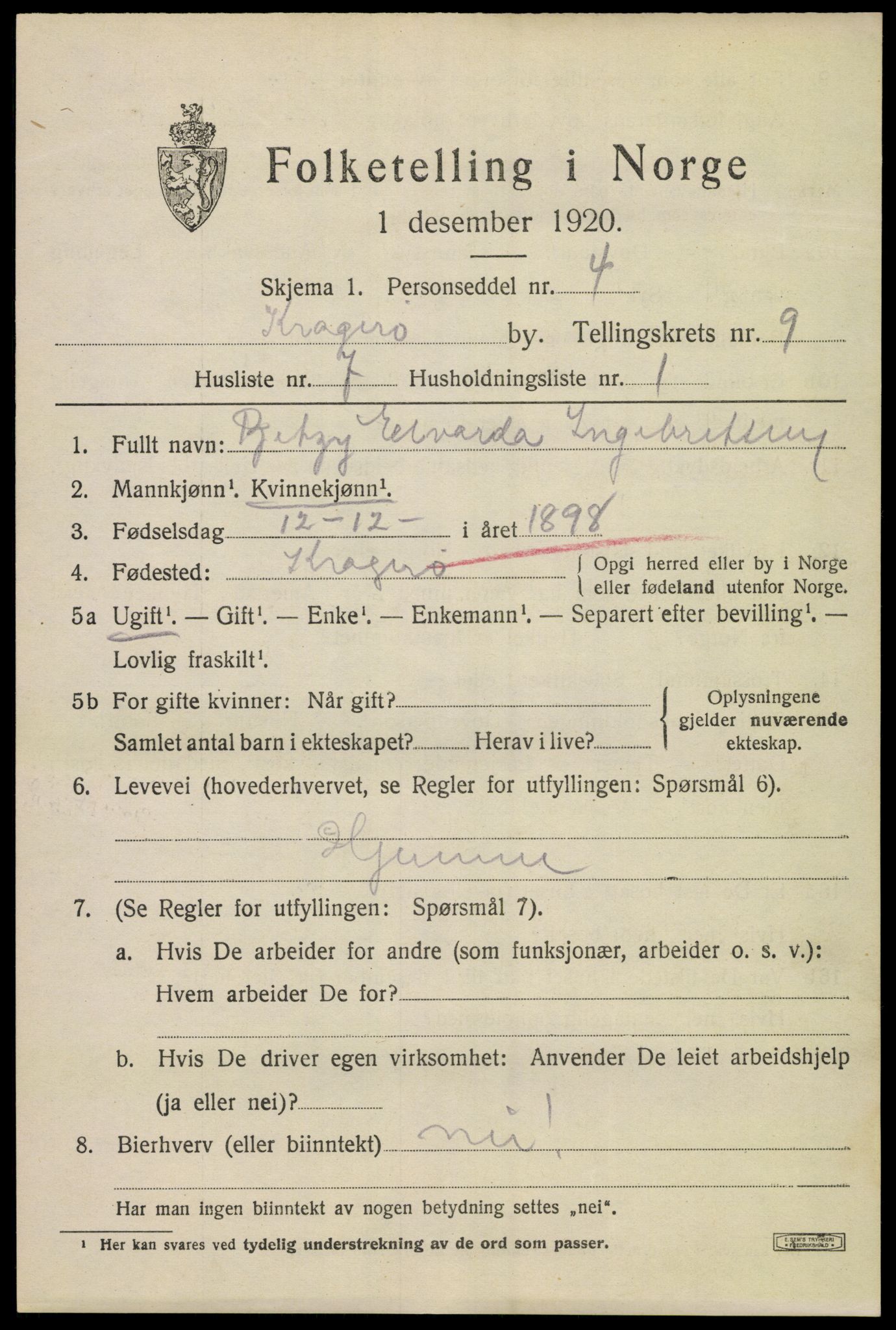 SAKO, Folketelling 1920 for 0801 Kragerø kjøpstad, 1920, s. 12021