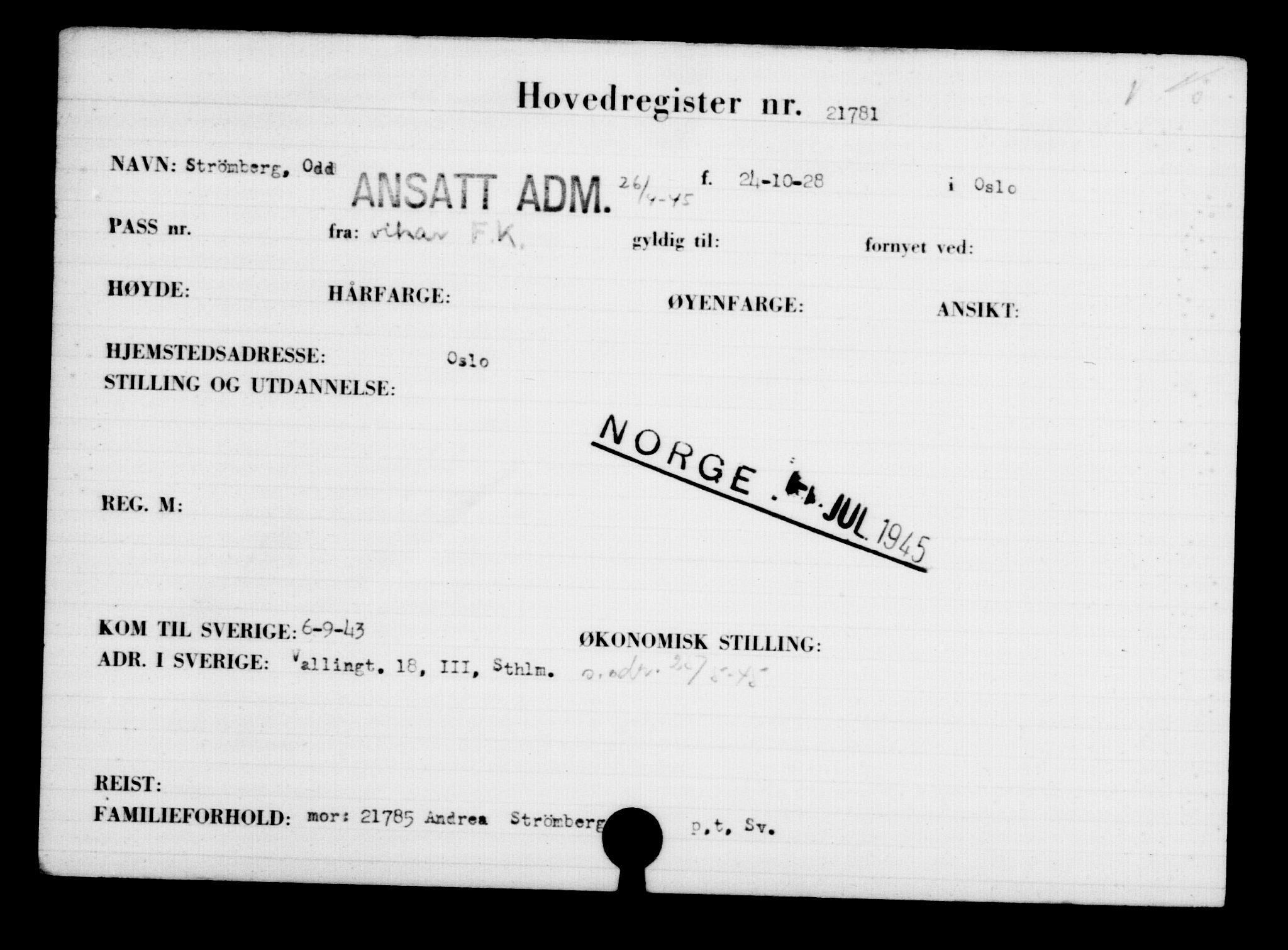 Utenriksstasjonene, Legasjonen i Stockholm, Flyktningkontoret, AV/RA-S-6753/V/Va/L0009: Kjesäterkartoteket, flyktninger med registreringsnr. 18502-22048, 1940-1945, s. 2807