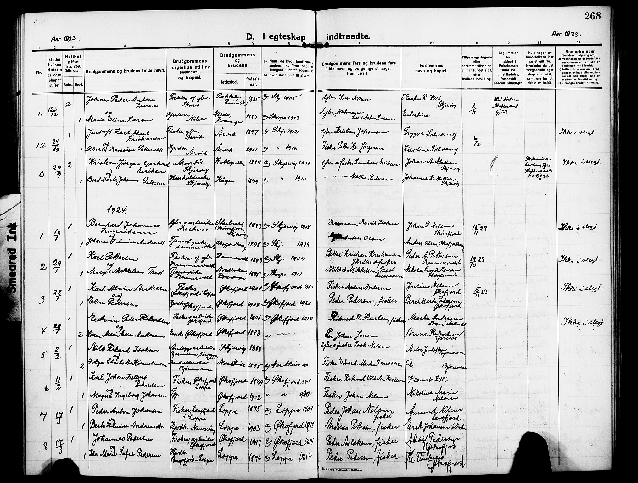 Skjervøy sokneprestkontor, AV/SATØ-S-1300/H/Ha/Hab/L0009klokker: Klokkerbok nr. 9, 1911-1926, s. 268