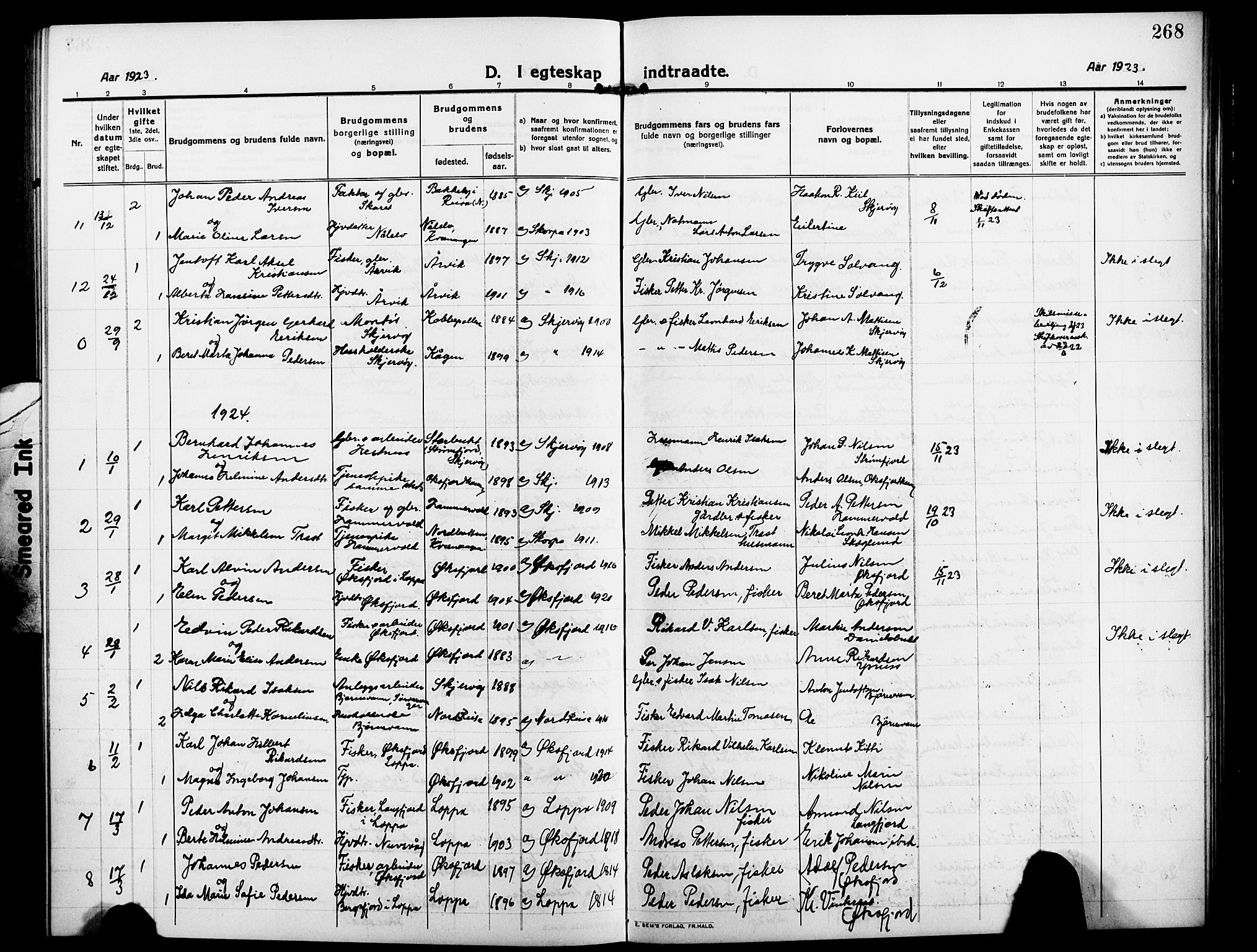 Skjervøy sokneprestkontor, SATØ/S-1300/H/Ha/Hab/L0009klokker: Klokkerbok nr. 9, 1911-1926, s. 268