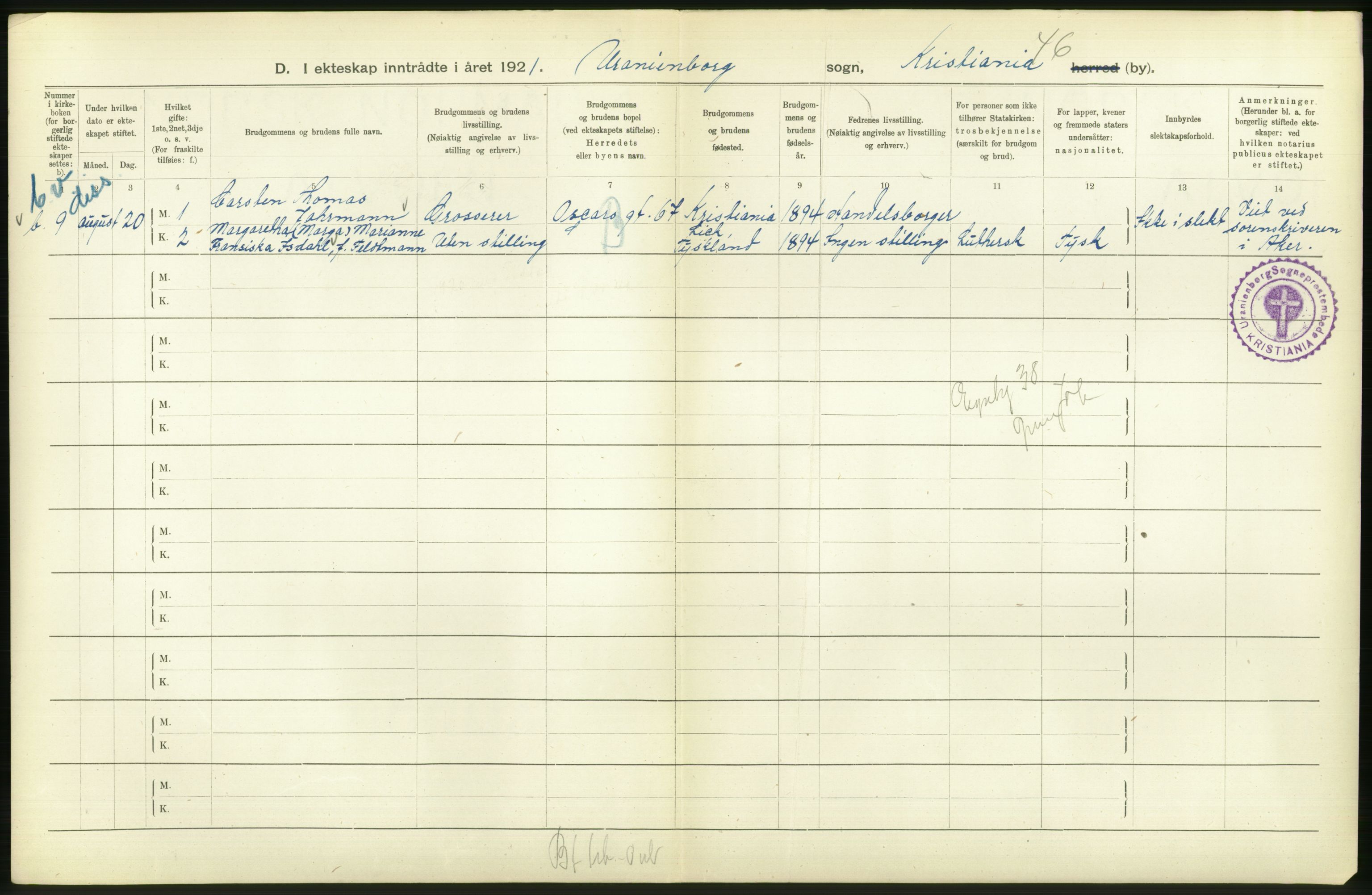 Statistisk sentralbyrå, Sosiodemografiske emner, Befolkning, RA/S-2228/D/Df/Dfc/Dfca/L0011: Kristiania: Gifte, 1921, s. 244