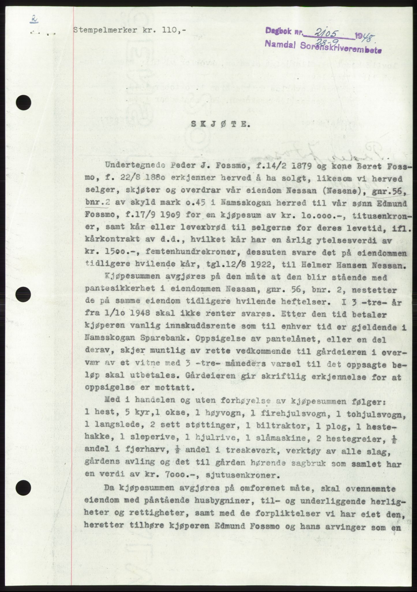 Namdal sorenskriveri, SAT/A-4133/1/2/2C: Pantebok nr. -, 1948-1948, Dagboknr: 2105/1948