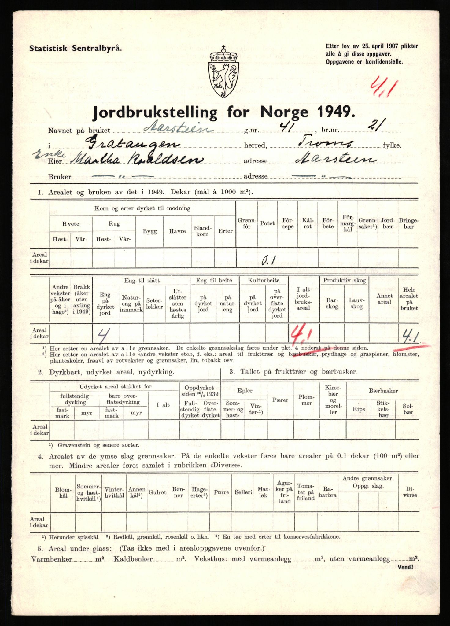 Statistisk sentralbyrå, Næringsøkonomiske emner, Jordbruk, skogbruk, jakt, fiske og fangst, AV/RA-S-2234/G/Gc/L0437: Troms: Gratangen og Lavangen, 1949, s. 621