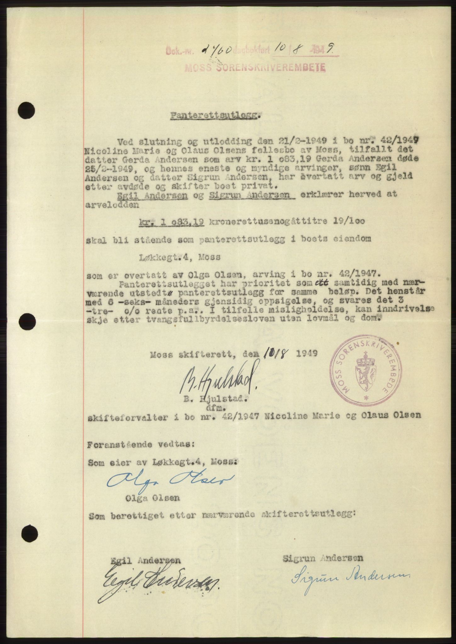 Moss sorenskriveri, SAO/A-10168: Pantebok nr. B22, 1949-1949, Dagboknr: 2460/1949