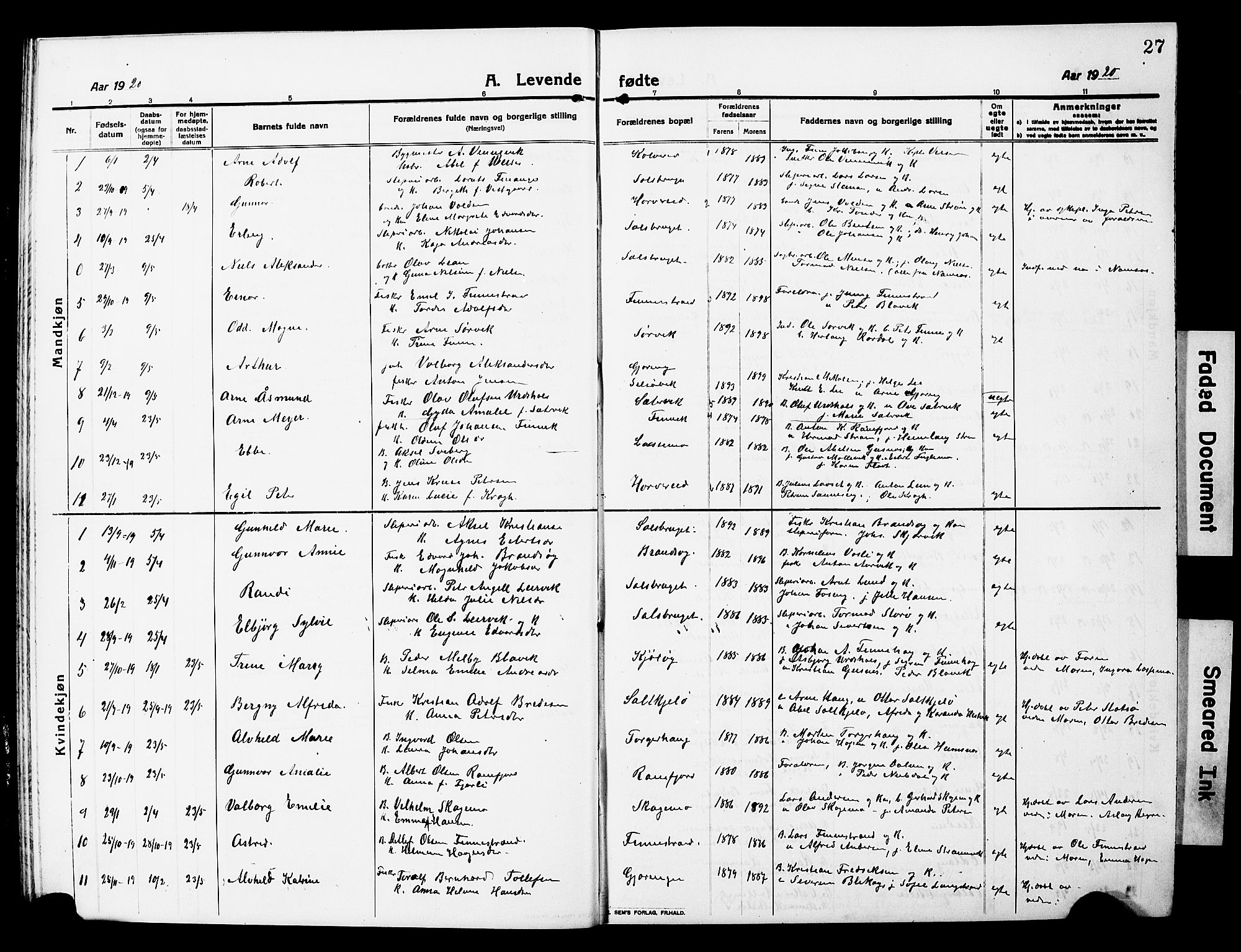 Ministerialprotokoller, klokkerbøker og fødselsregistre - Nord-Trøndelag, SAT/A-1458/780/L0653: Klokkerbok nr. 780C05, 1911-1927, s. 27