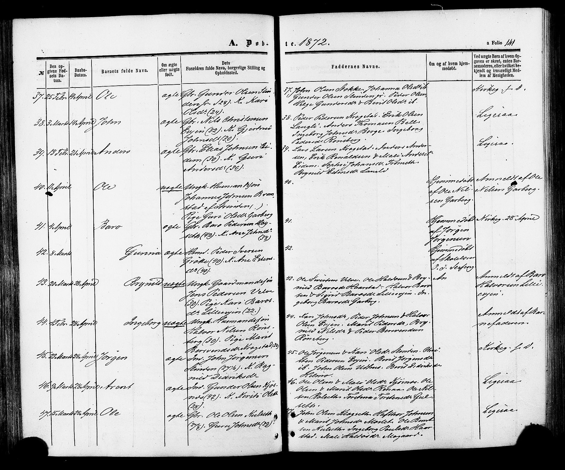 Ministerialprotokoller, klokkerbøker og fødselsregistre - Sør-Trøndelag, SAT/A-1456/695/L1147: Ministerialbok nr. 695A07, 1860-1877, s. 141