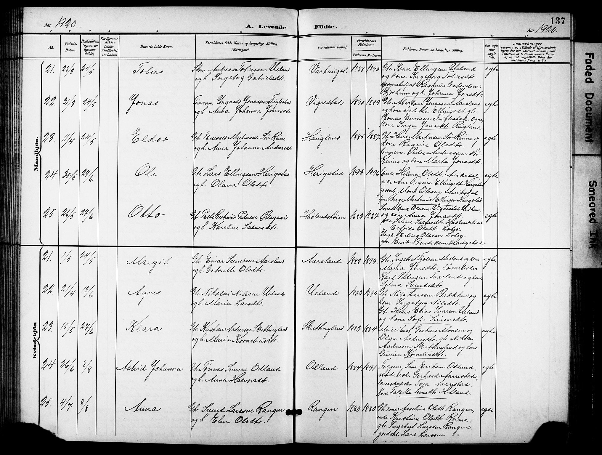 Hå sokneprestkontor, AV/SAST-A-101801/001/30BB/L0006: Klokkerbok nr. B 6, 1900-1924, s. 137