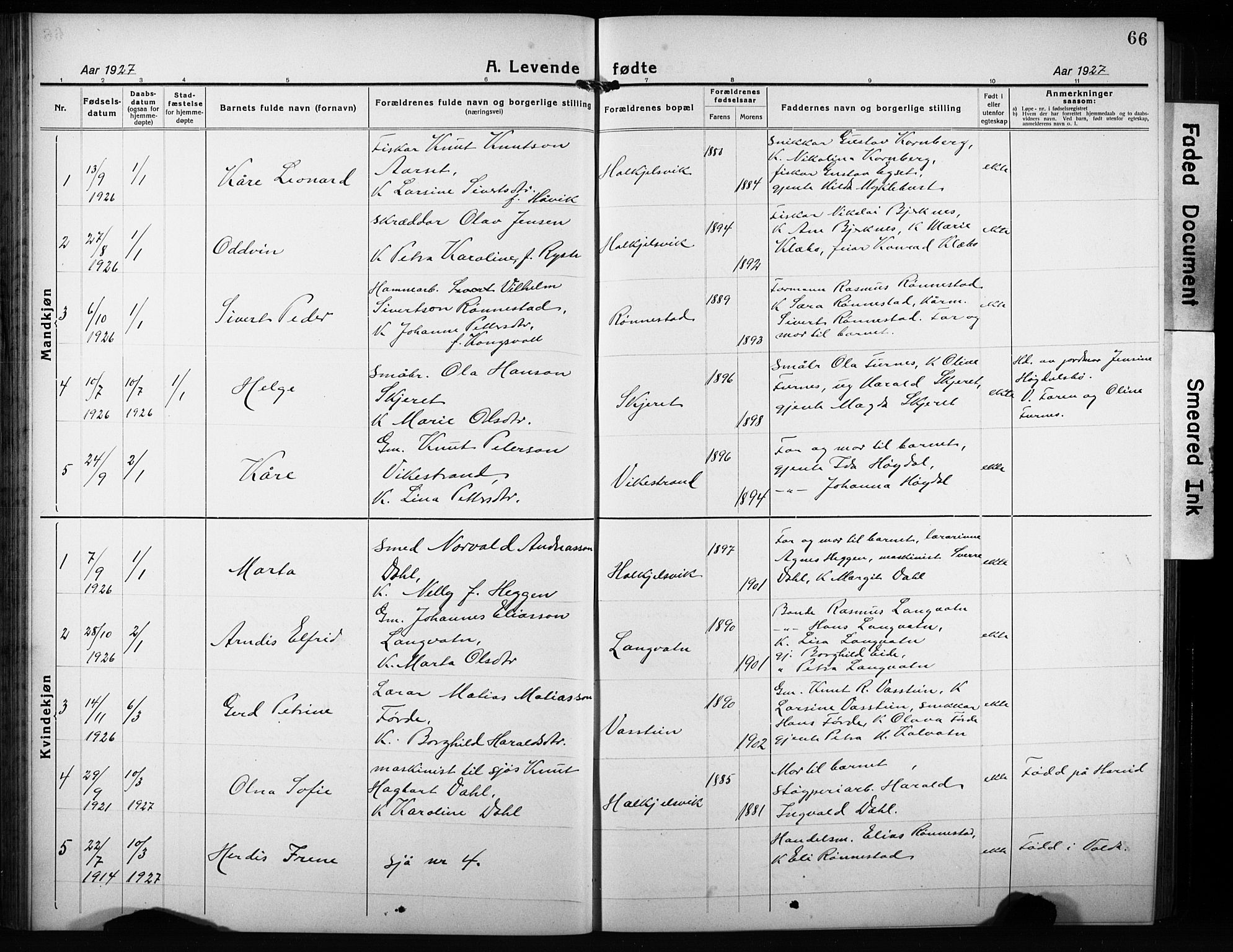 Ministerialprotokoller, klokkerbøker og fødselsregistre - Møre og Romsdal, SAT/A-1454/511/L0160: Klokkerbok nr. 511C06, 1920-1932, s. 66