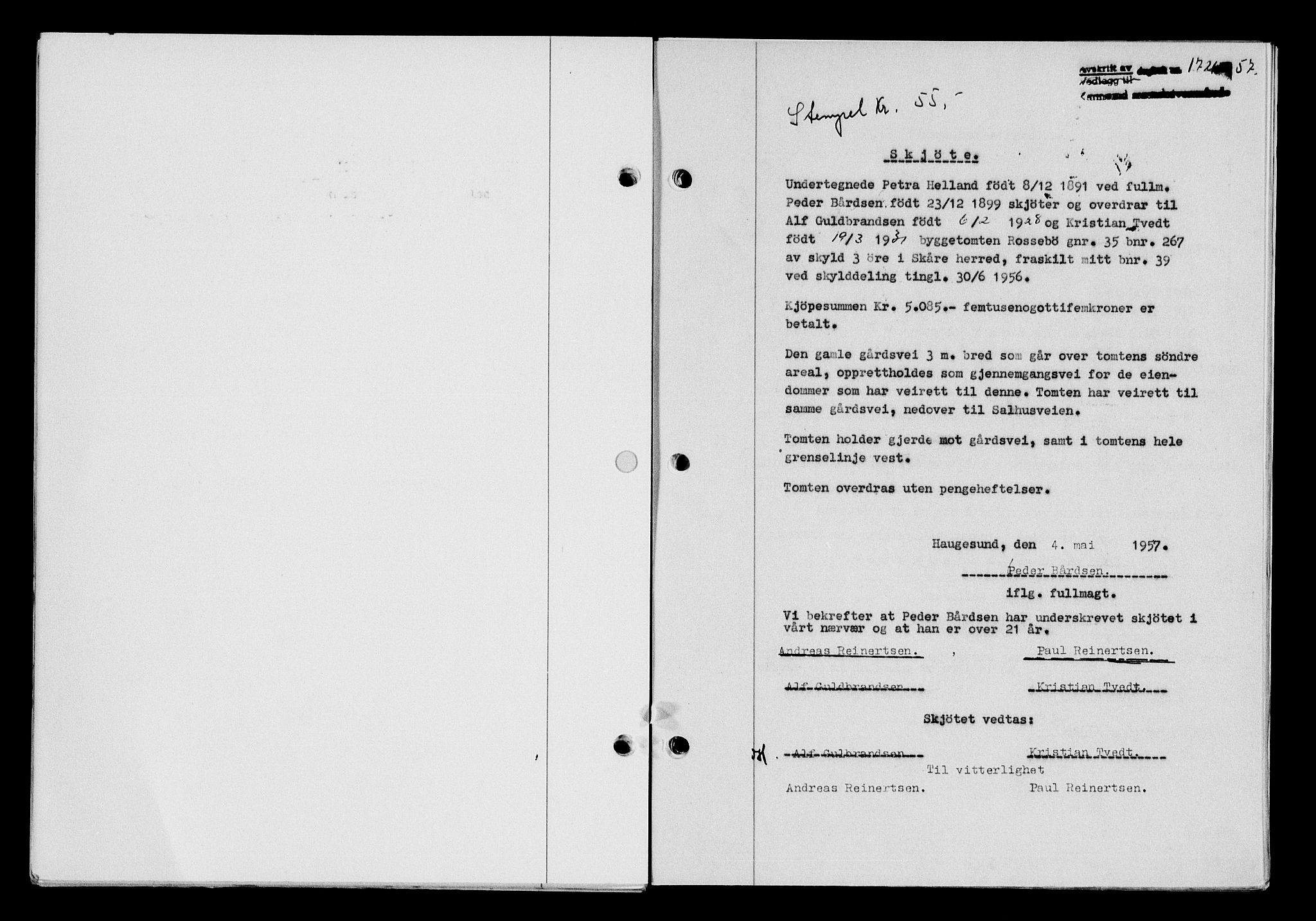 Karmsund sorenskriveri, SAST/A-100311/01/II/IIB/L0125: Pantebok nr. 105A, 1957-1957, Dagboknr: 1721/1957